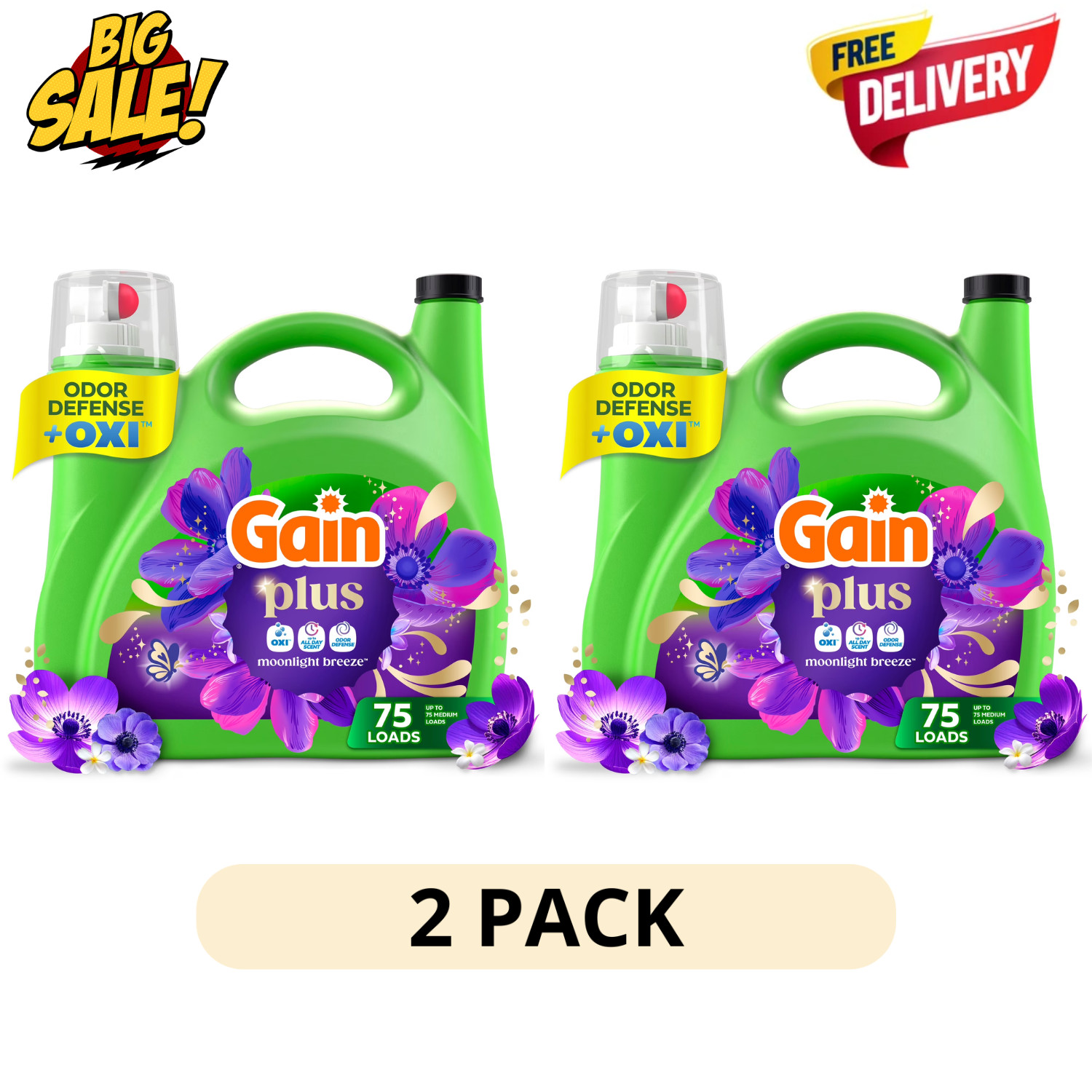 2 Pack Gain Plus Laundry Detergent Liquid 99oz 75 Loads OXI Odor Defense Scent