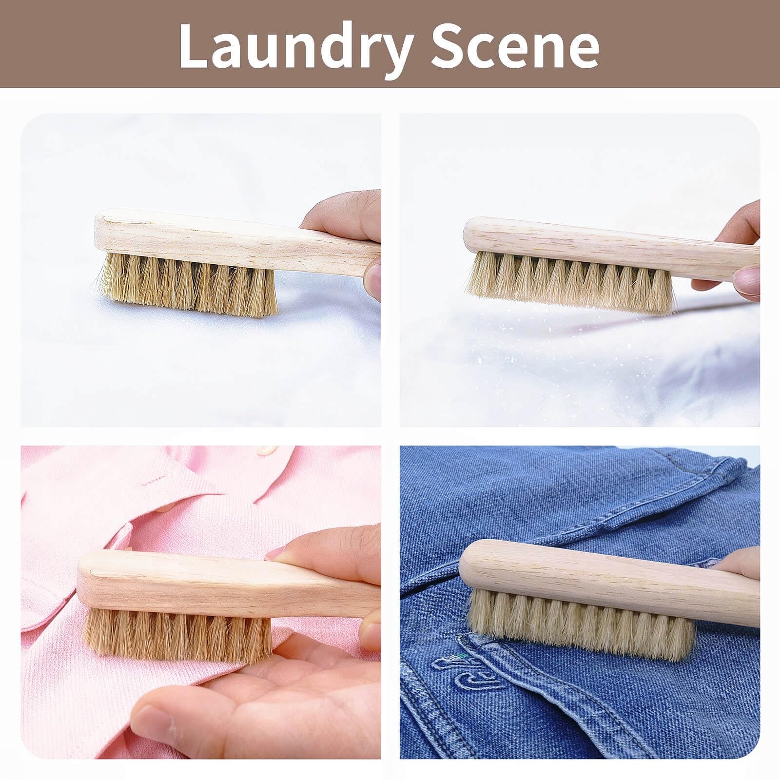 2 PCS Wood Laundry Stain Brush Set Boar Bristles Large Small Scrub Remover