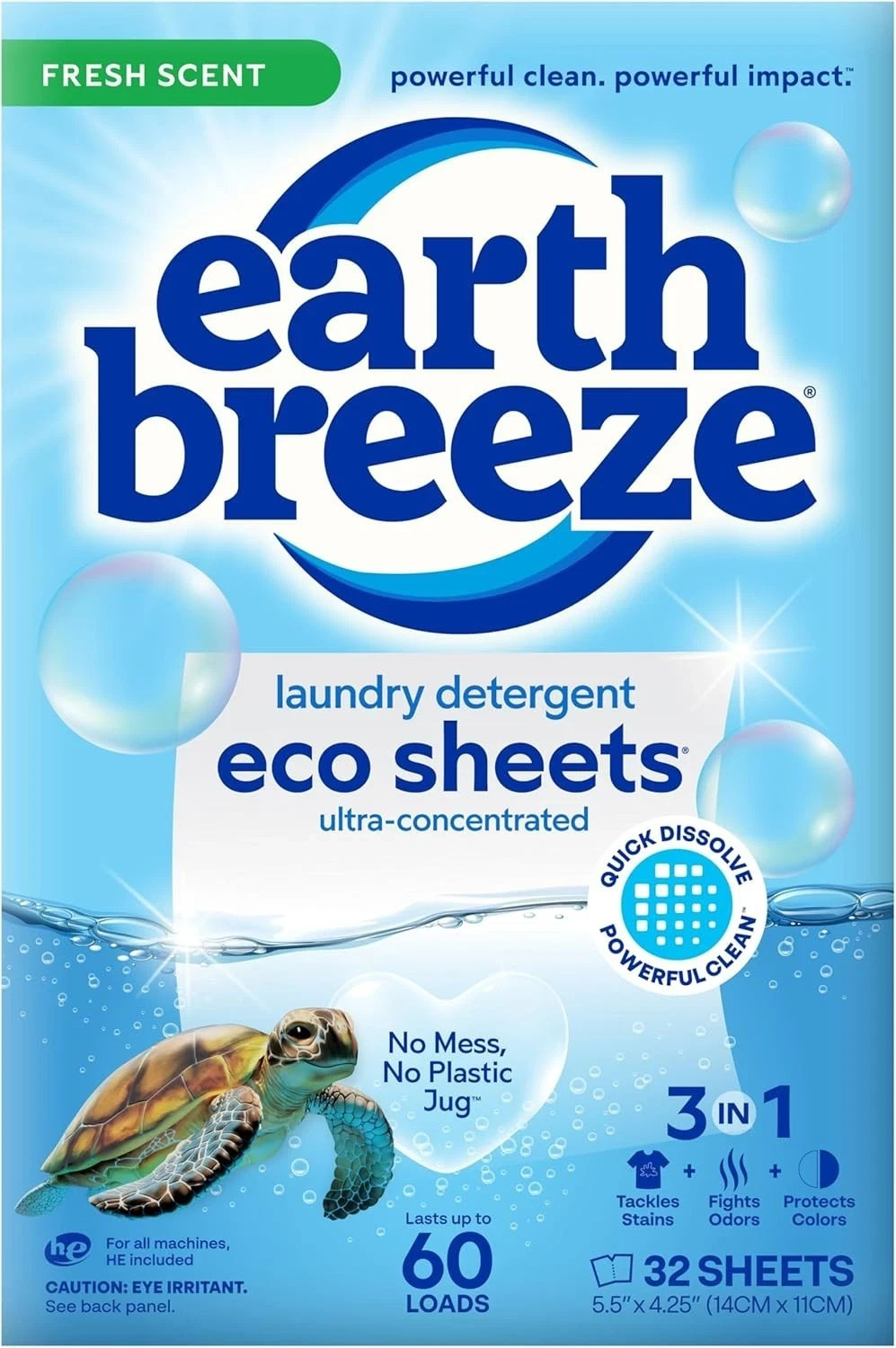 Earth Breeze Laundry Detergent Sheets Fresh Scent 30 Ct 60 Loads Travel Eco