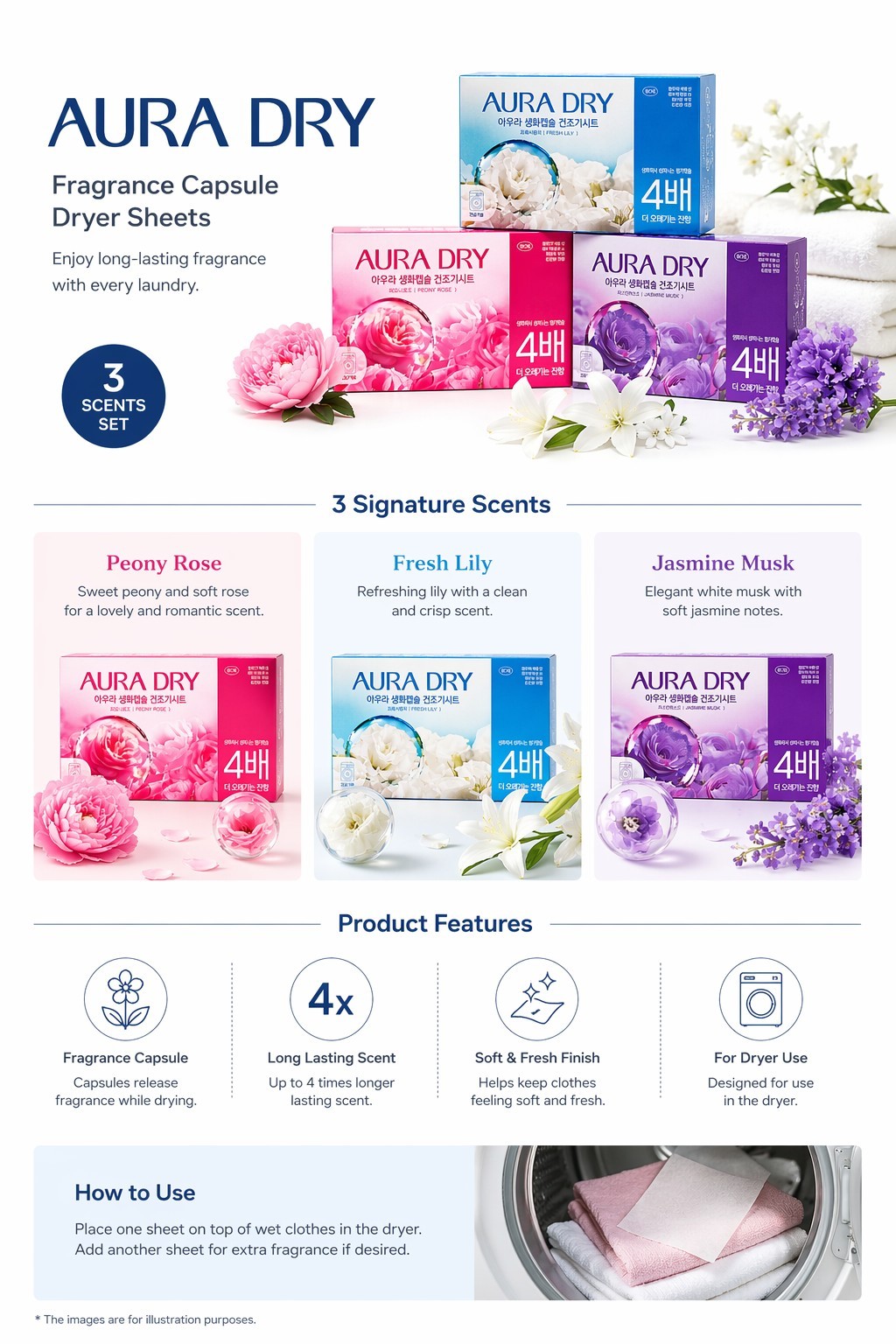 AURA Dryer Sheets 240 Sheets Fabric Softener Anti Static Laundry (3 Scents Set)
