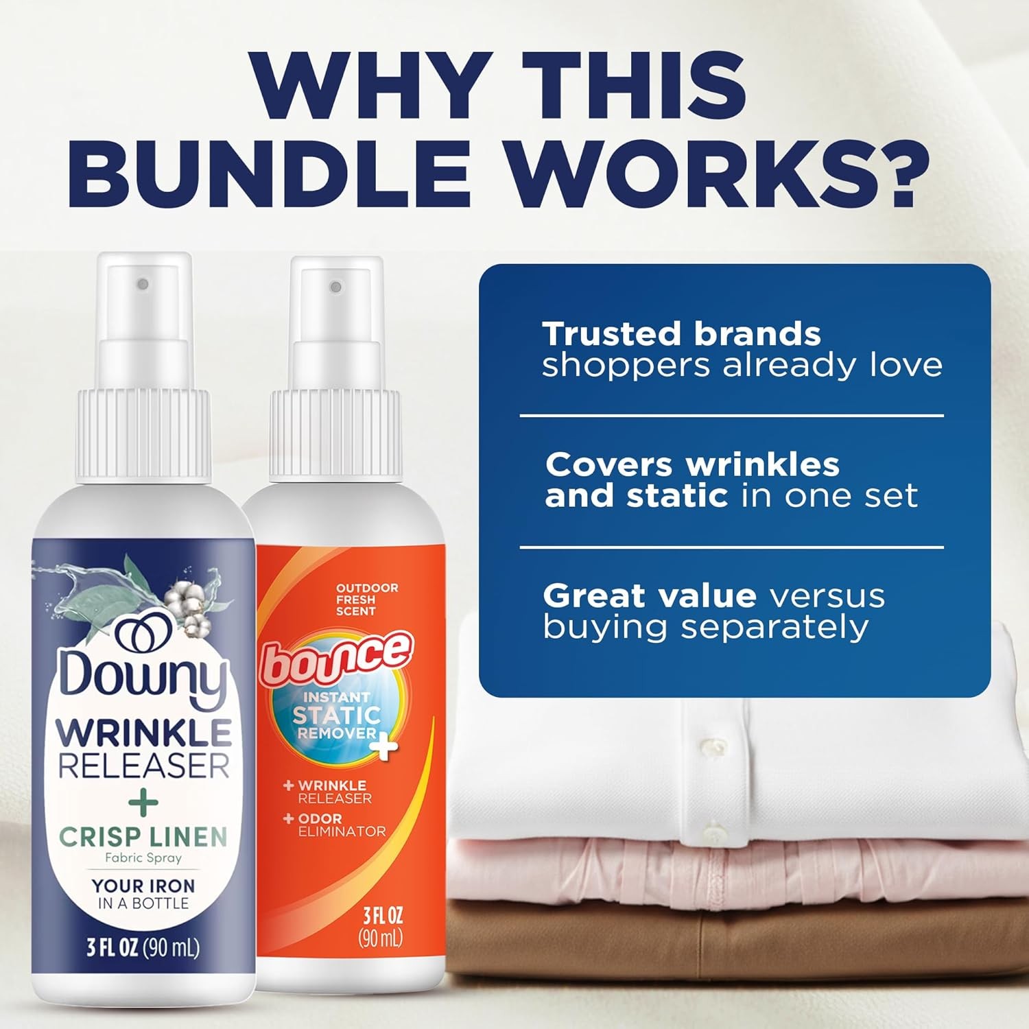 Downy Wrinkle Release Spray 3 Pack with Bonus Bounce Fabric Softener Sample