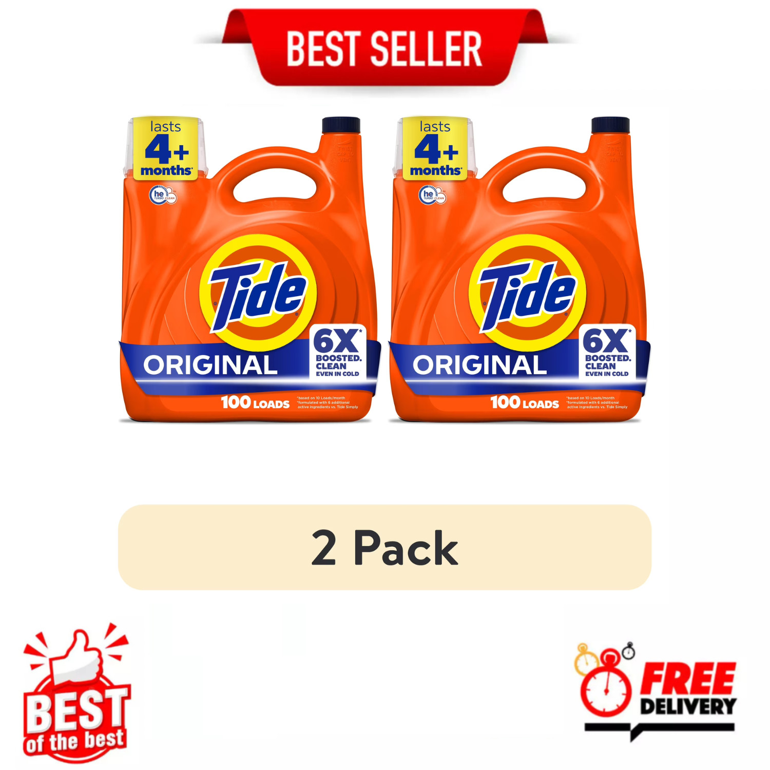 2 Pack Tide Liquid Laundry Detergent Original 125 fl oz 100 Loads HE, 2 Pack