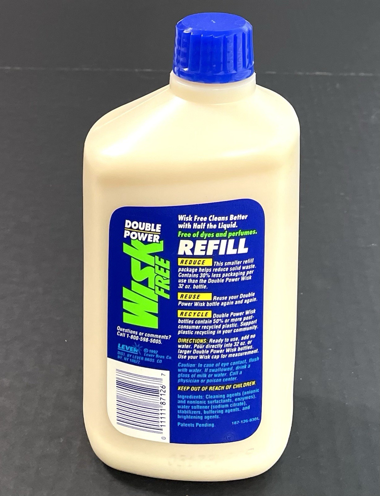 Vintage 1992 Wisk Free Double Power 26 Oz Refill Bottle Concentrated Detergent