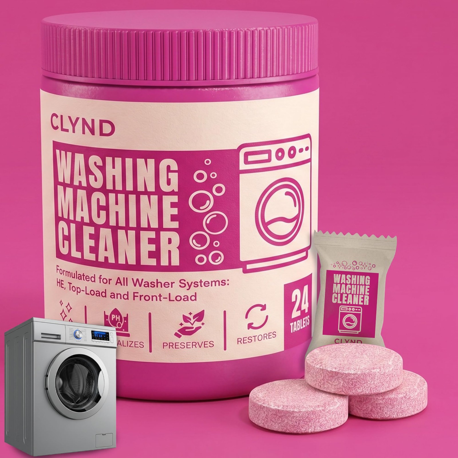 CLYND Washing Machine Cleaner Tablets Unscented 24 1 Count (Pack of 24), Pink