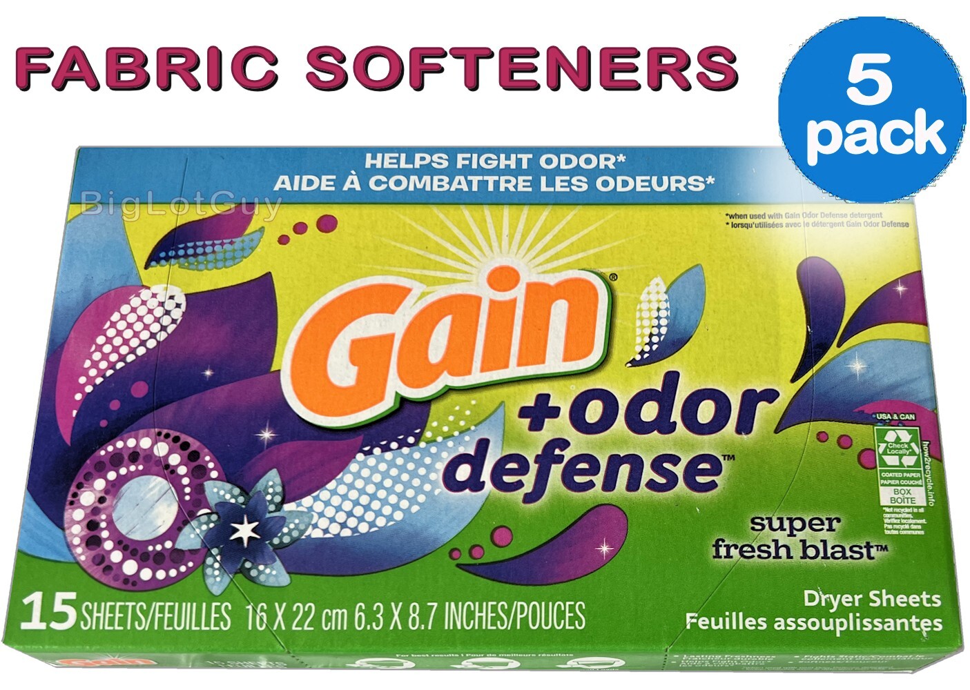 GAIN Fabric Softener Dryer Laundry Sheets Fights Odor 15 Sheets Gain USA 5-Boxes