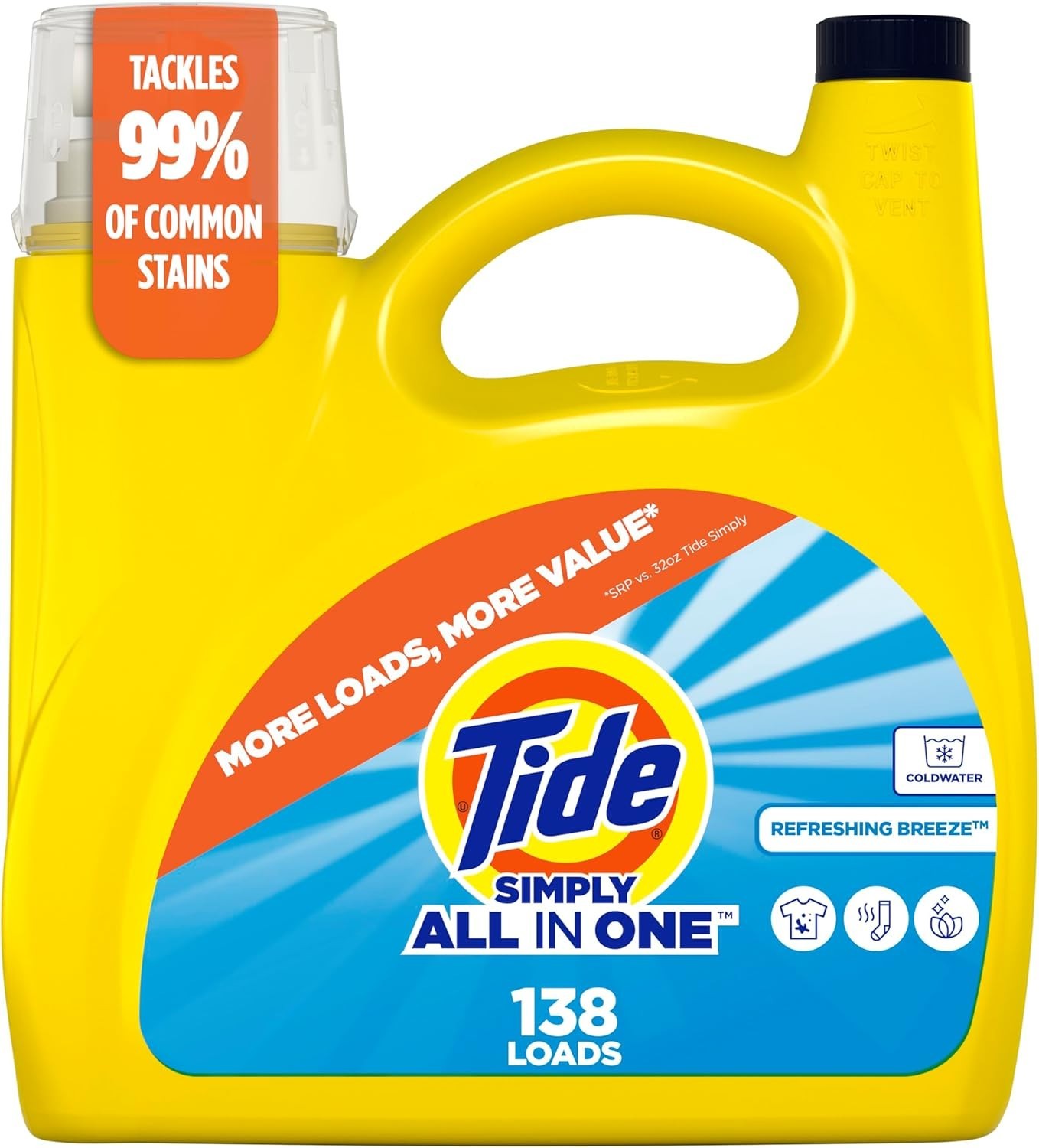 Tide Simply All-in-One Liquid Detergent, Refreshing Breeze, 182 oz, 138 Loads