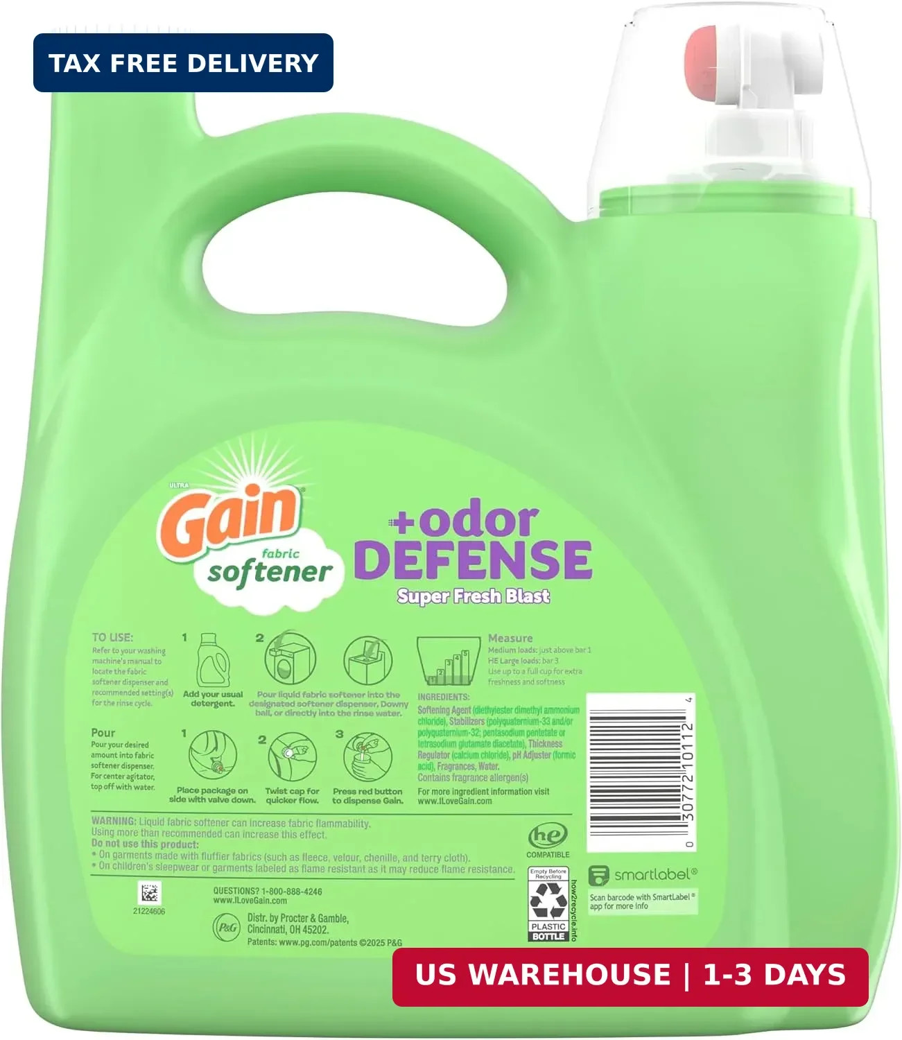 Gain Super Fresh Blast Liquid Odor Defense Fabric Softener, 140 FL OZ 190 Load,