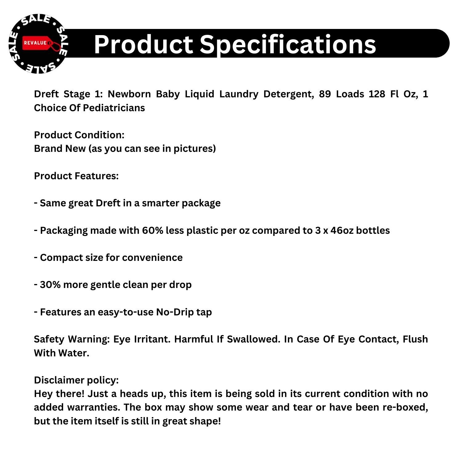 Dreft Stage1Newborn Baby Liquid Laundry Detergent 89 loads 128 fl oz