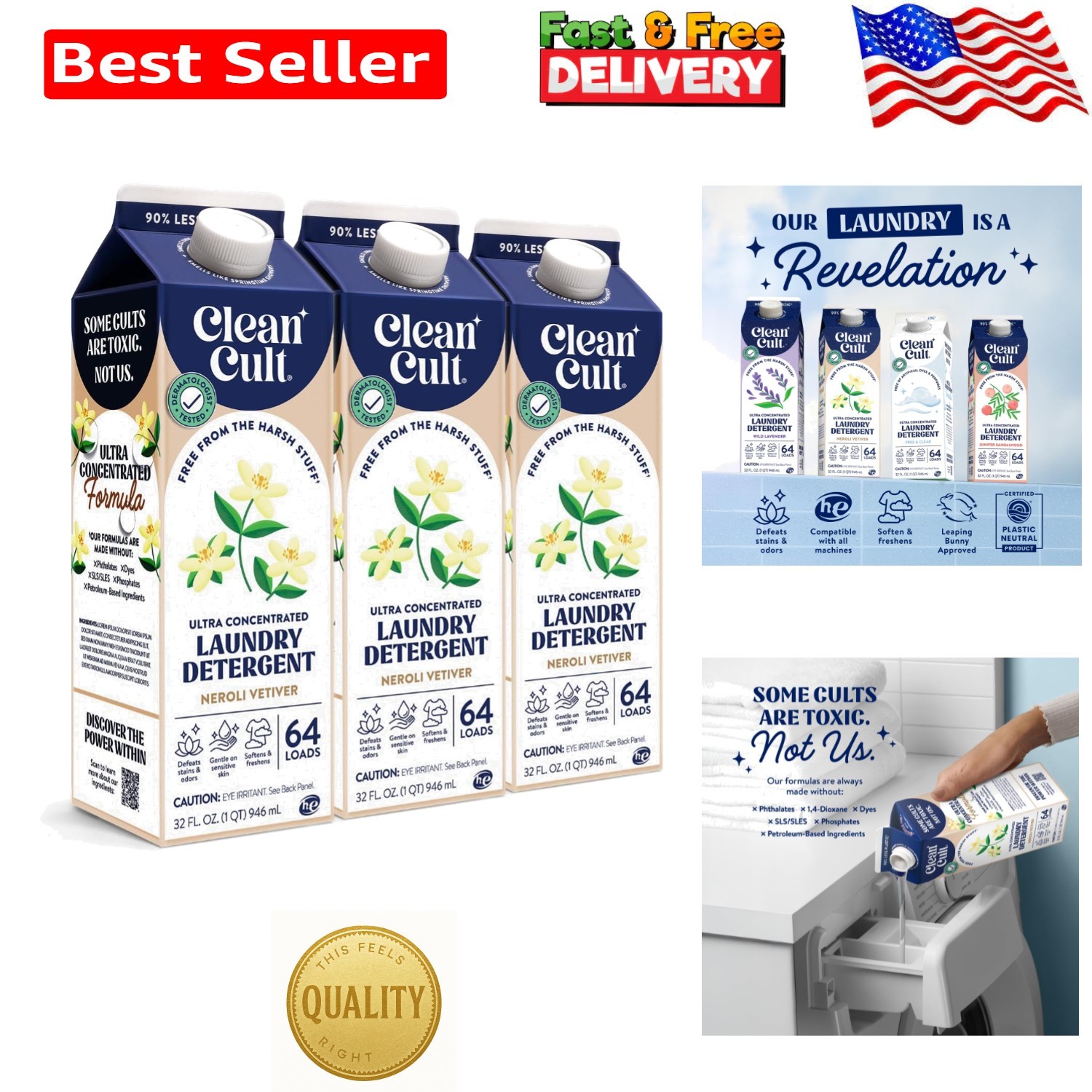 192 Loads of Non-Toxic Liquid Laundry Detergent with Neroli Vetiver Scent, 96 oz
