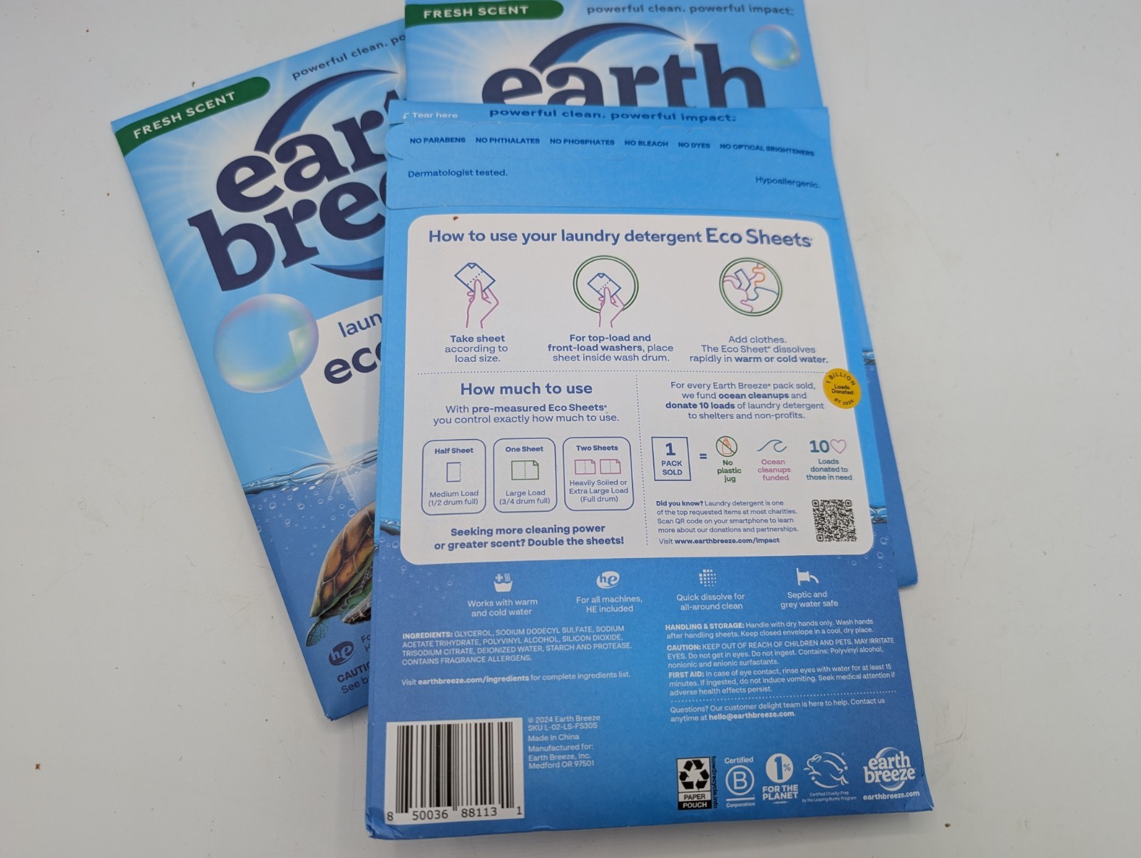 (Lot of 3) Earth Breeze Laundry Detergent Eco-Sheets 180-Loads Total Fresh Scent