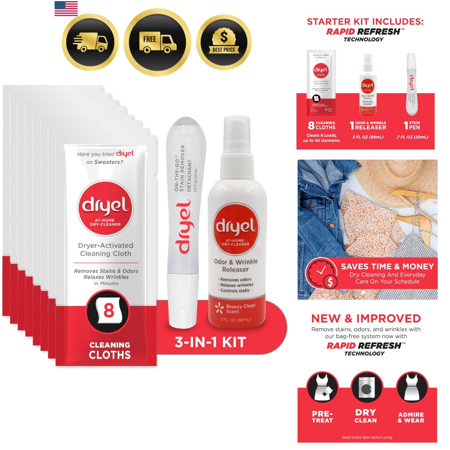 At-Home Dry Cleaner Starter Kit with Wrinkle Release Spray, New and Improved,…