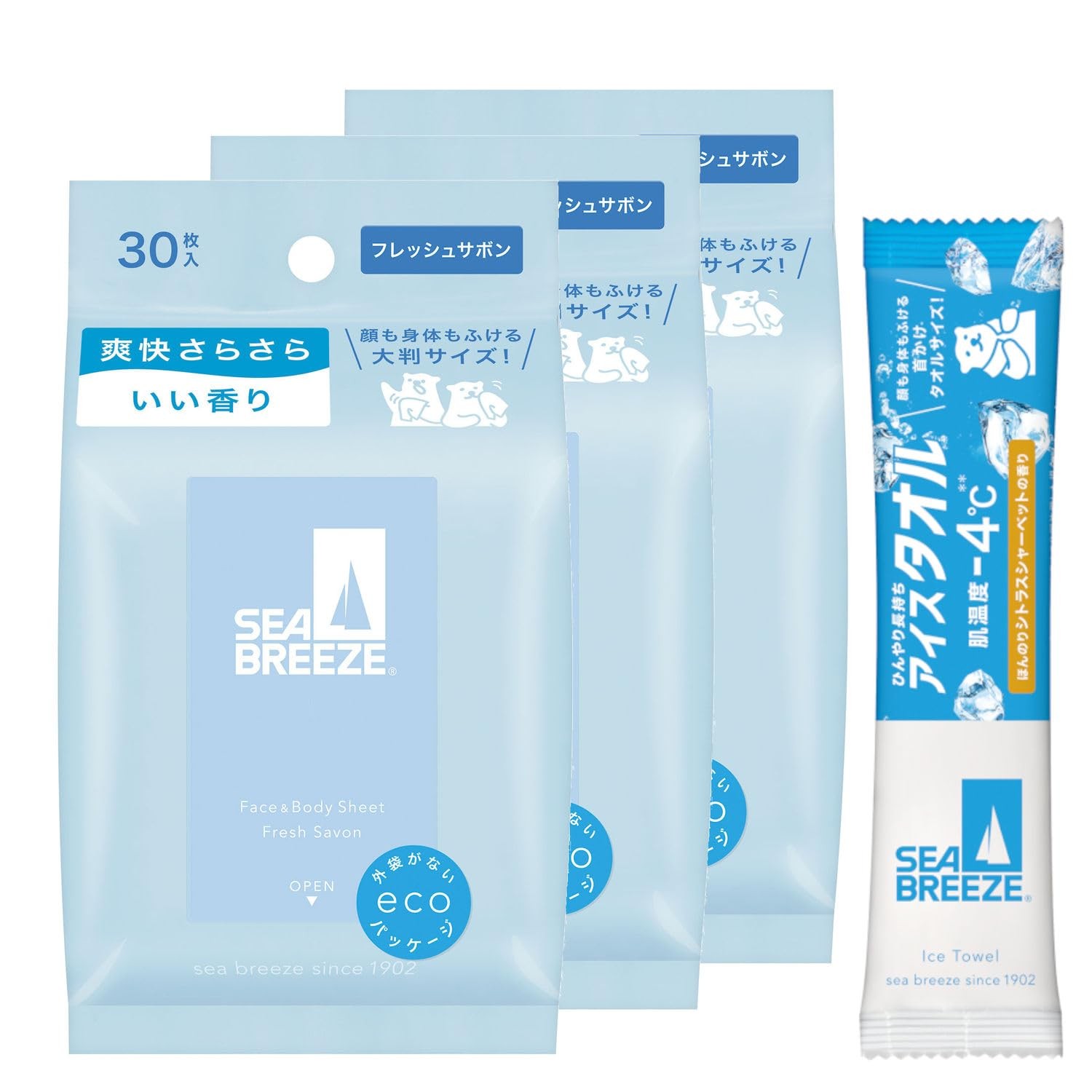SEA BREEZE Face & Body Sheets Fresh Soap 30 sheets x 3 sets