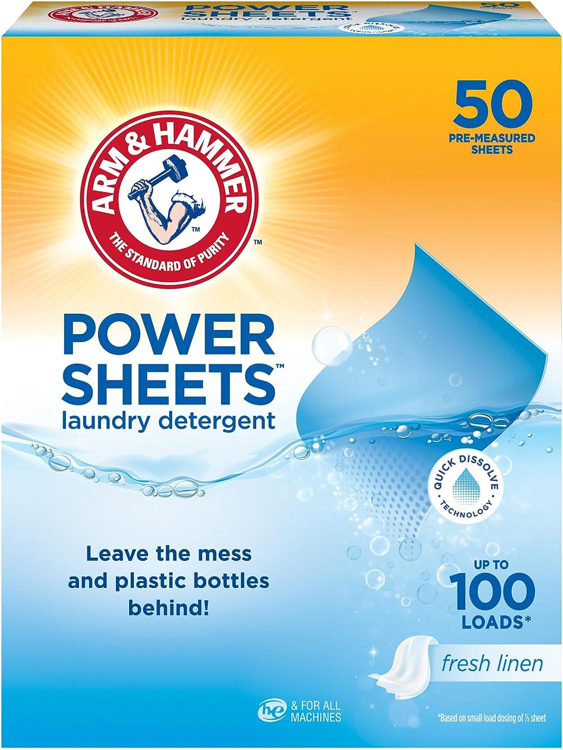 Arm & Hammer Power Sheets Laundry Detergent, Fresh Linen 50Ct, up to 100 Small