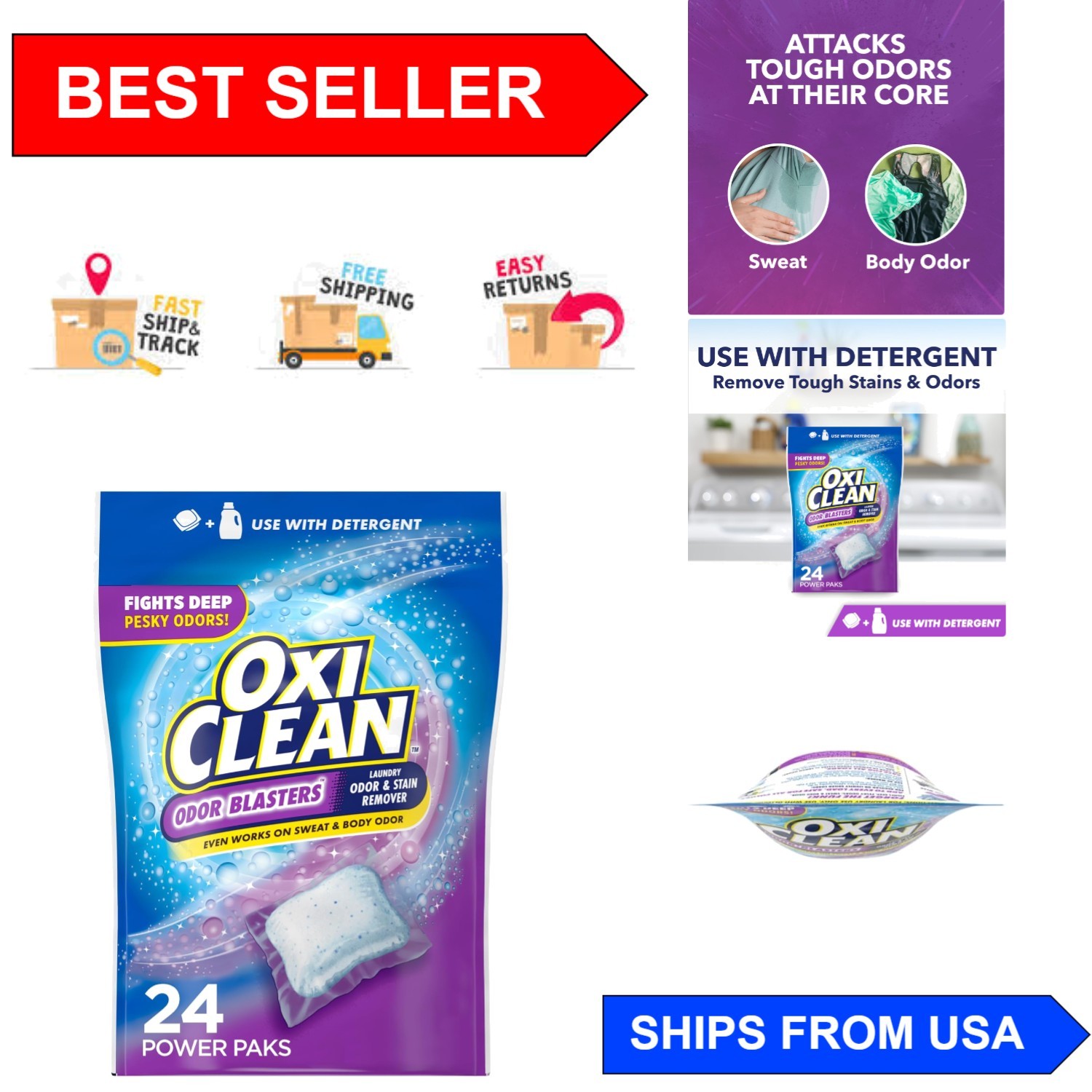 Eco-Friendly 24ct Oxygen-Based Odor & Stain Remover Power Paks for Clean Fabrics