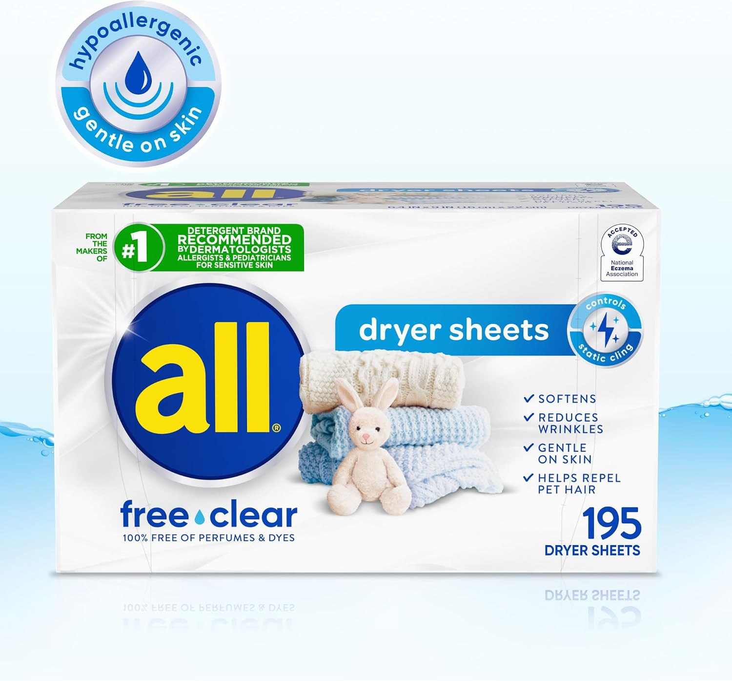 Free Clear Fabric Softener Dryer Sheets for Sensitive Skin, 195 Count, Hypoergen