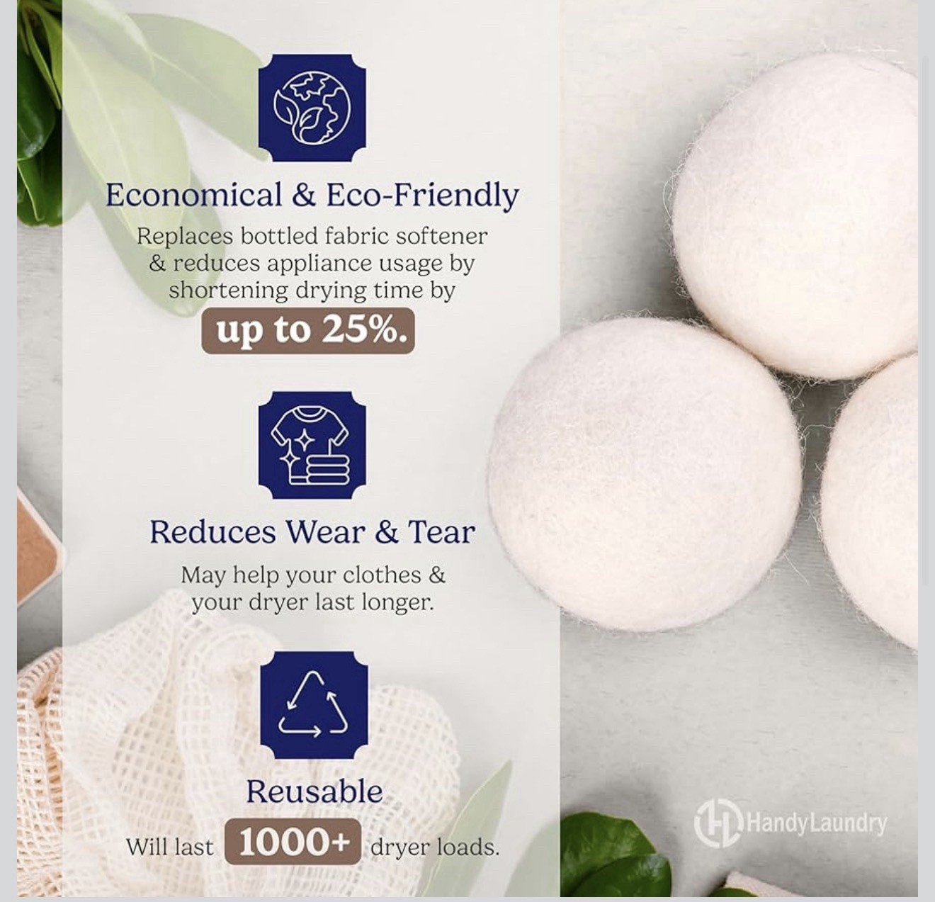 Laundry Wool Dryer Balls – Natural Fabric Softener, Reusable, Reduces Clothing