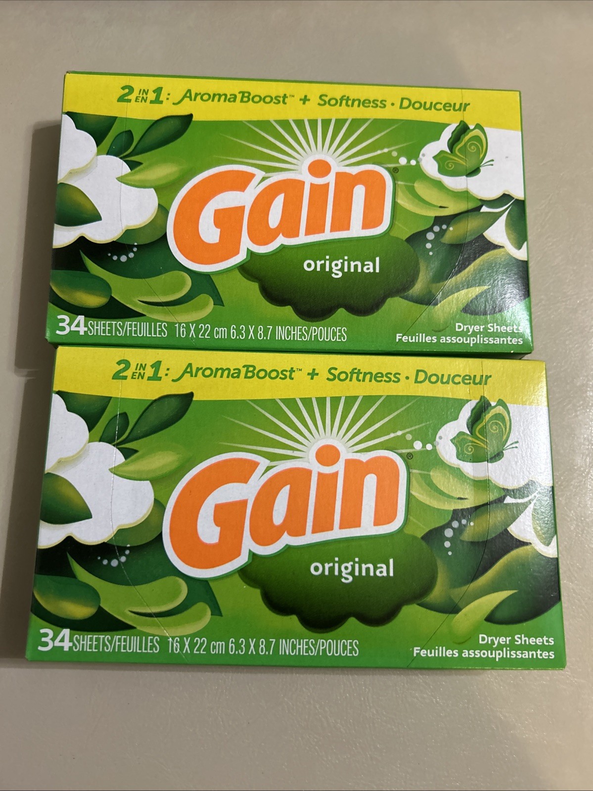 Gain ORIGINAL Dryer Sheets Laundry Fabric Softener Static Control 34ct Pack Of 2