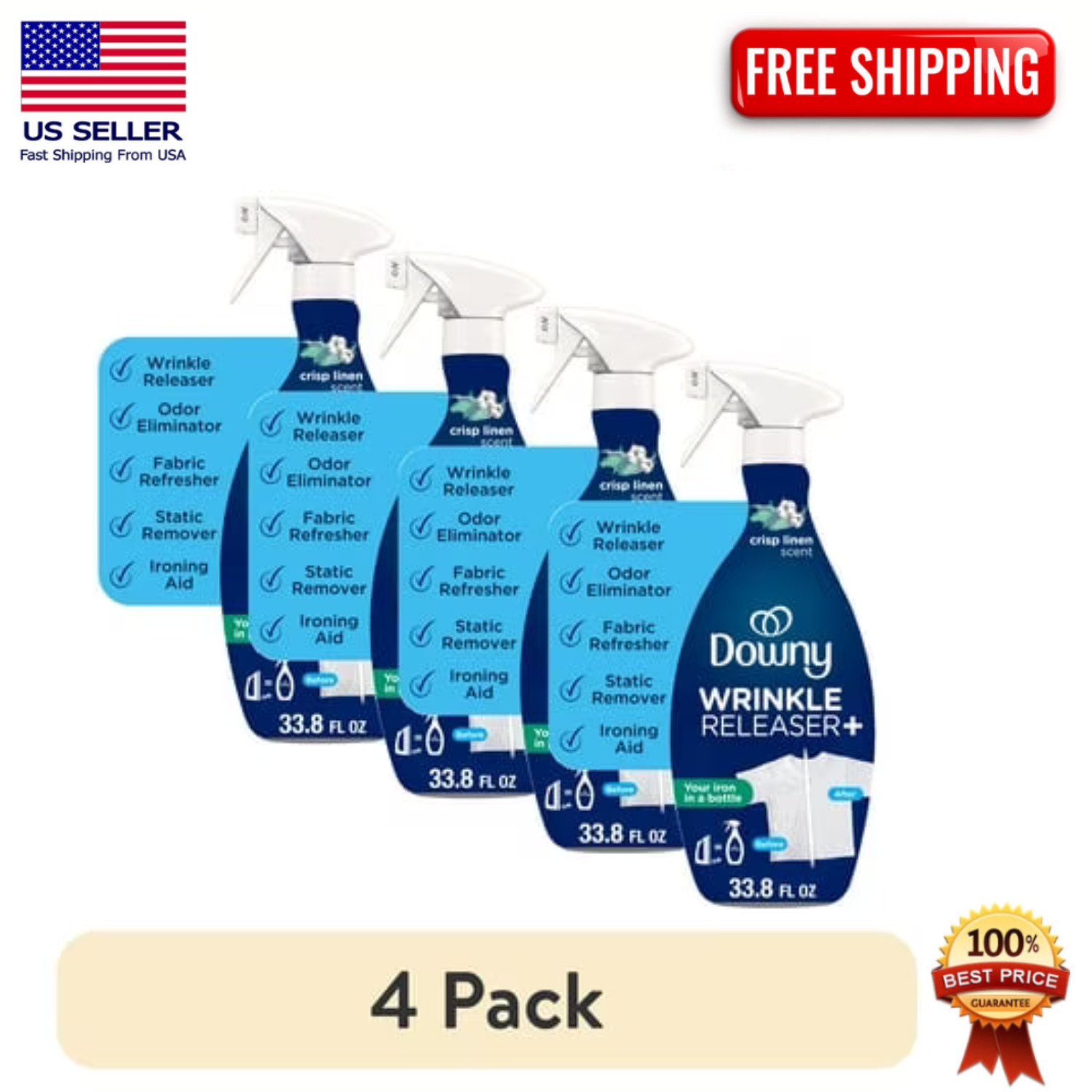 Downy Wrinkle Releaser Spray Crisp Linen Fabric Refresher 33.8 oz, 4 Pack