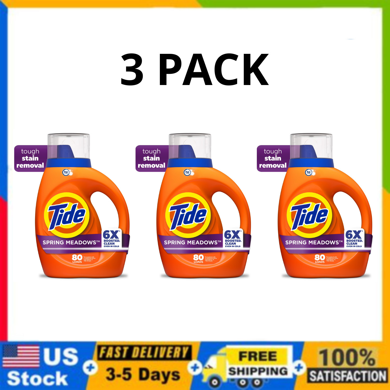 Tide Liquid Laundry Detergent Spring Meadow 80 fl oz 64 Loads HE, 3 Pack