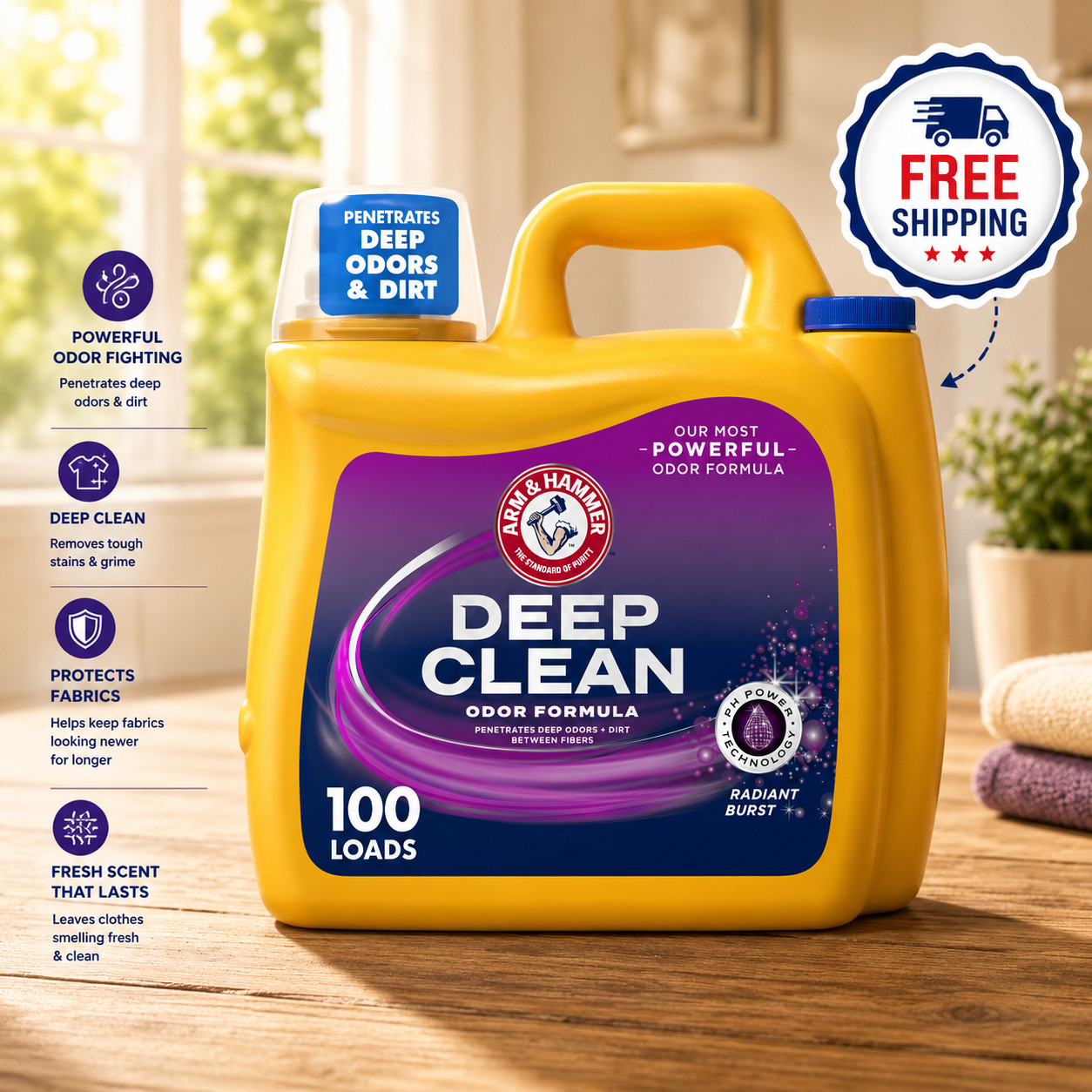 ARM & HAMMER Laundry Detergent Radiant Burst 150 fl oz 100 Loads-Free Shipping