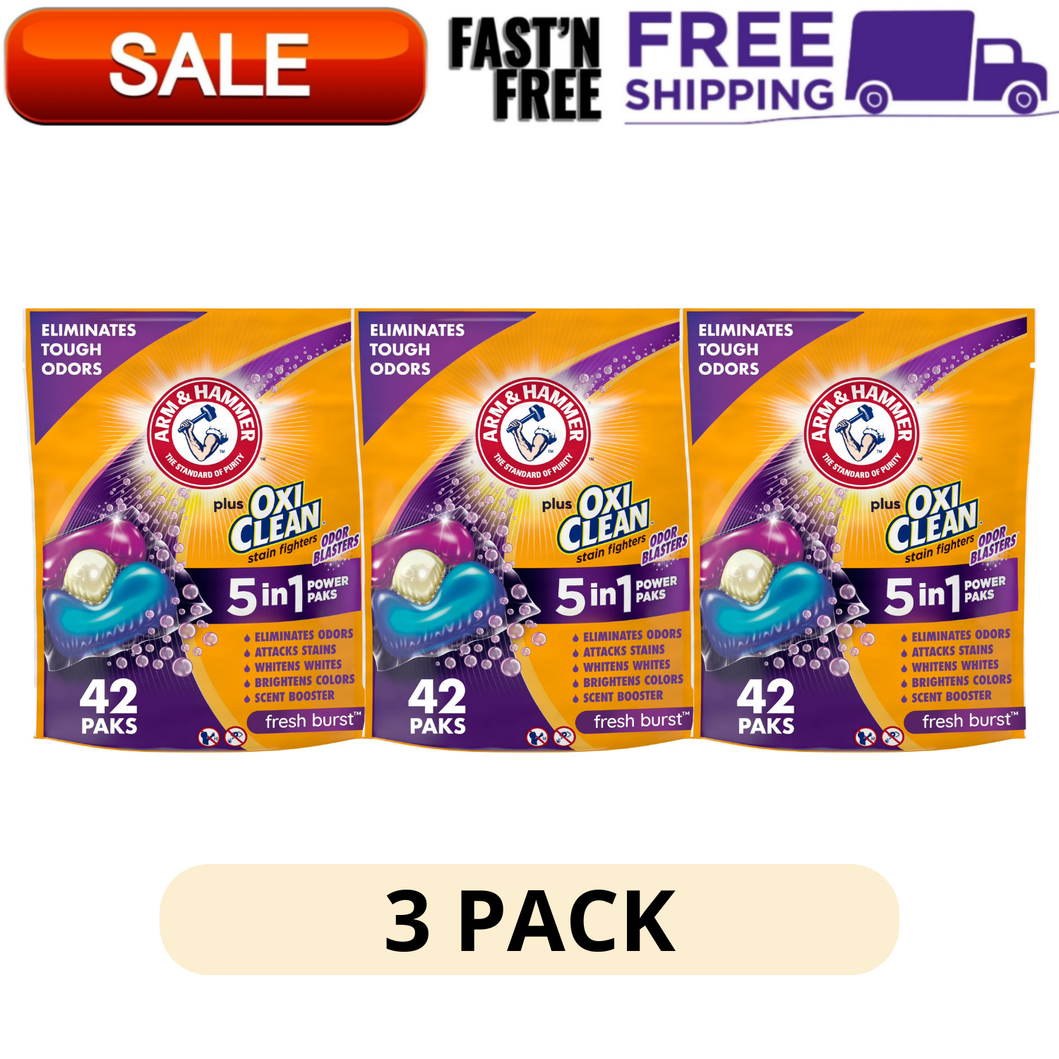 3 Pack ARM HAMMER Plus OxiClean Odor Blasters Laundry Detergent Power Paks 42 Ct