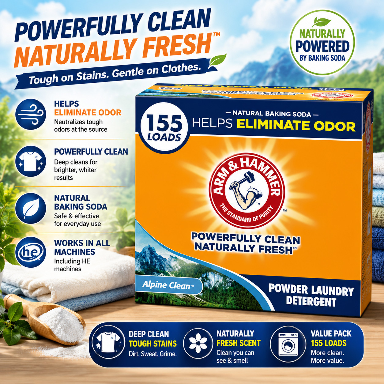 ARM & HAMMER Powder Laundry Detergent, Alpine Clean, 9.56 lb, 155 Loads
