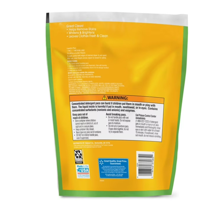 Great Value Laundry Detergent Pacs Original Clean 60 Ct (4 Pack)