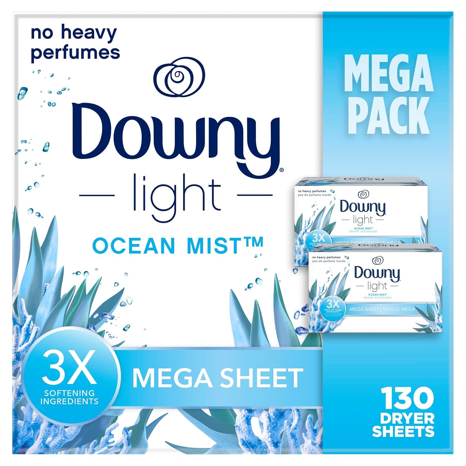 Ocean Mist Downy Laundry Fabric Softener Dryer Sheets 130 Count Mega Dry