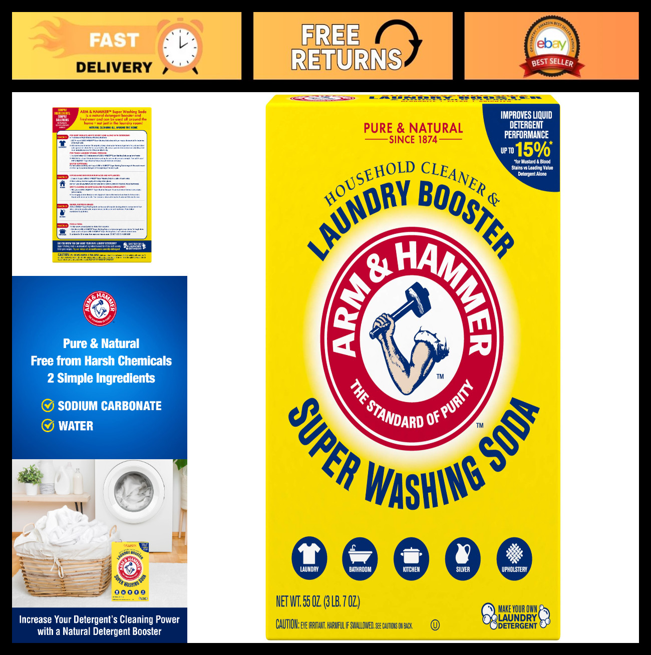 Super Washing Soda for Laundry, Stain Remover, Odor Eliminator, 3 lb Box