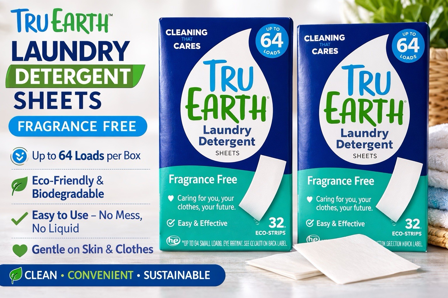 Tru Earth Laundry Detergent Sheets Fragrance Free 64 Loads Eco Friendly 2 Packs