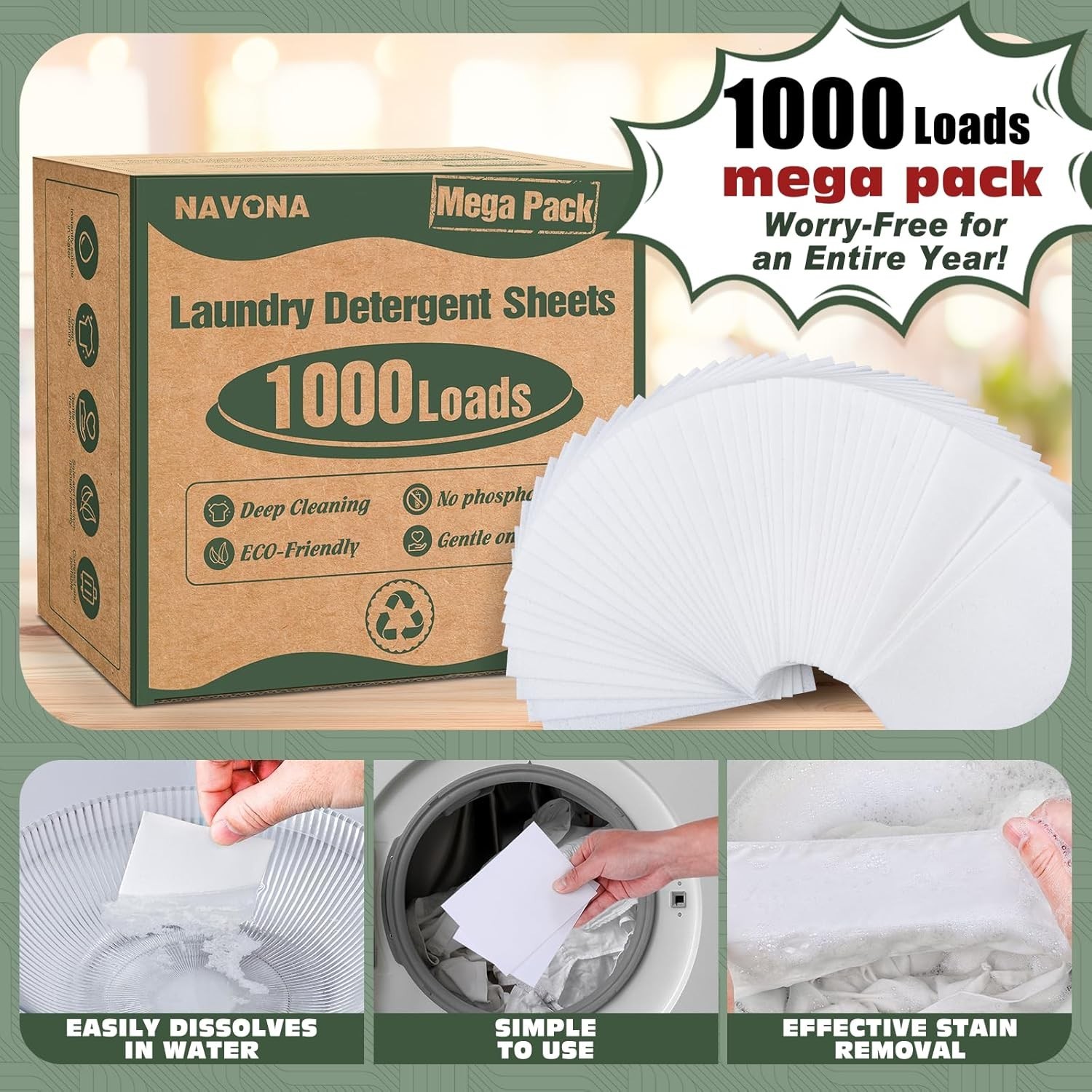1000 Loads Mega Pack Laundry Detergent Sheets, Eco-friendly Laundry Sheets, Powe