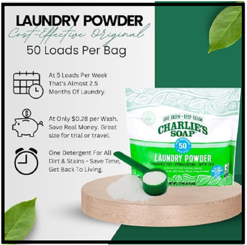 Charlie’s Soap Laundry Powder (50 Loads) Hypoallergenic Washing Powder Detergent