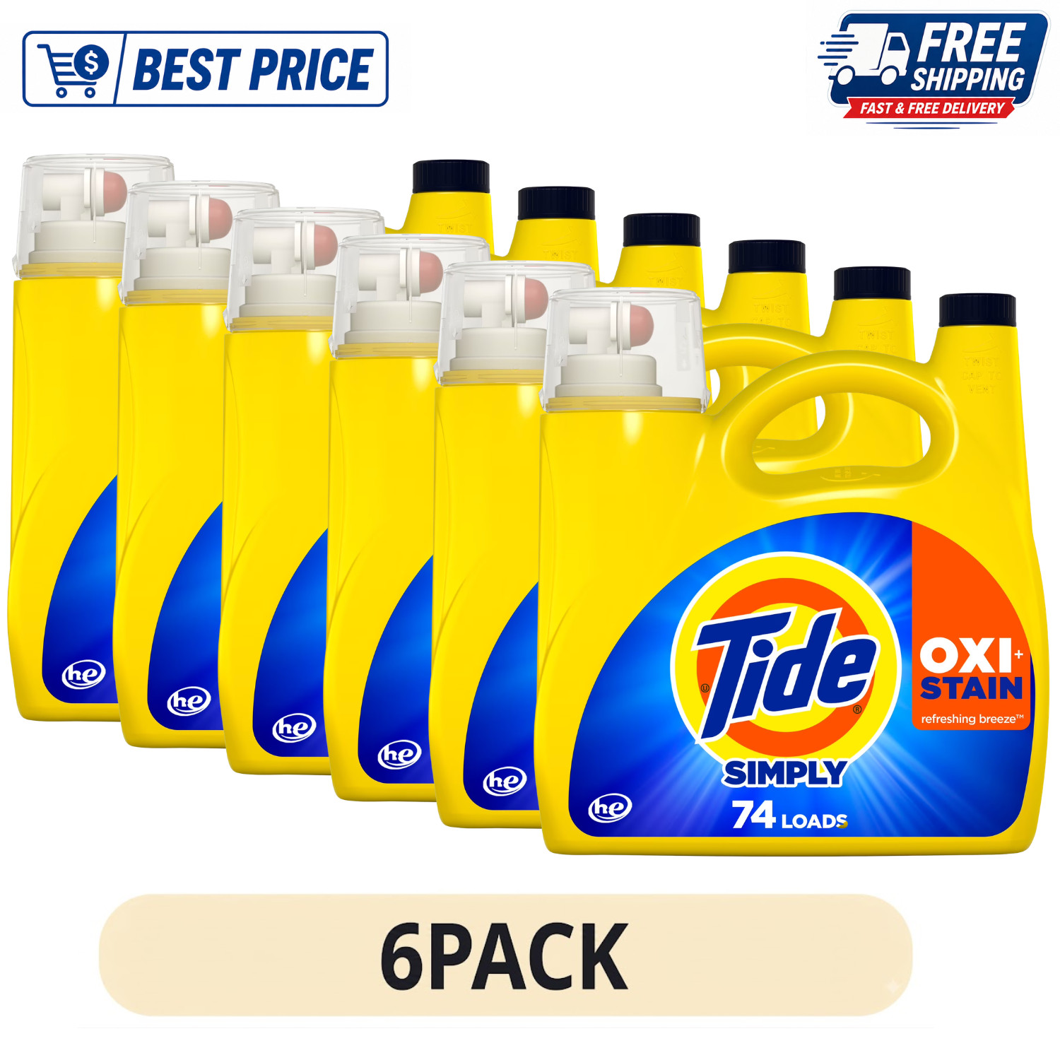 6Pack Tide Simply Oxi Boost Liquid Laundry Detergent Refreshing Breeze 105 fl oz