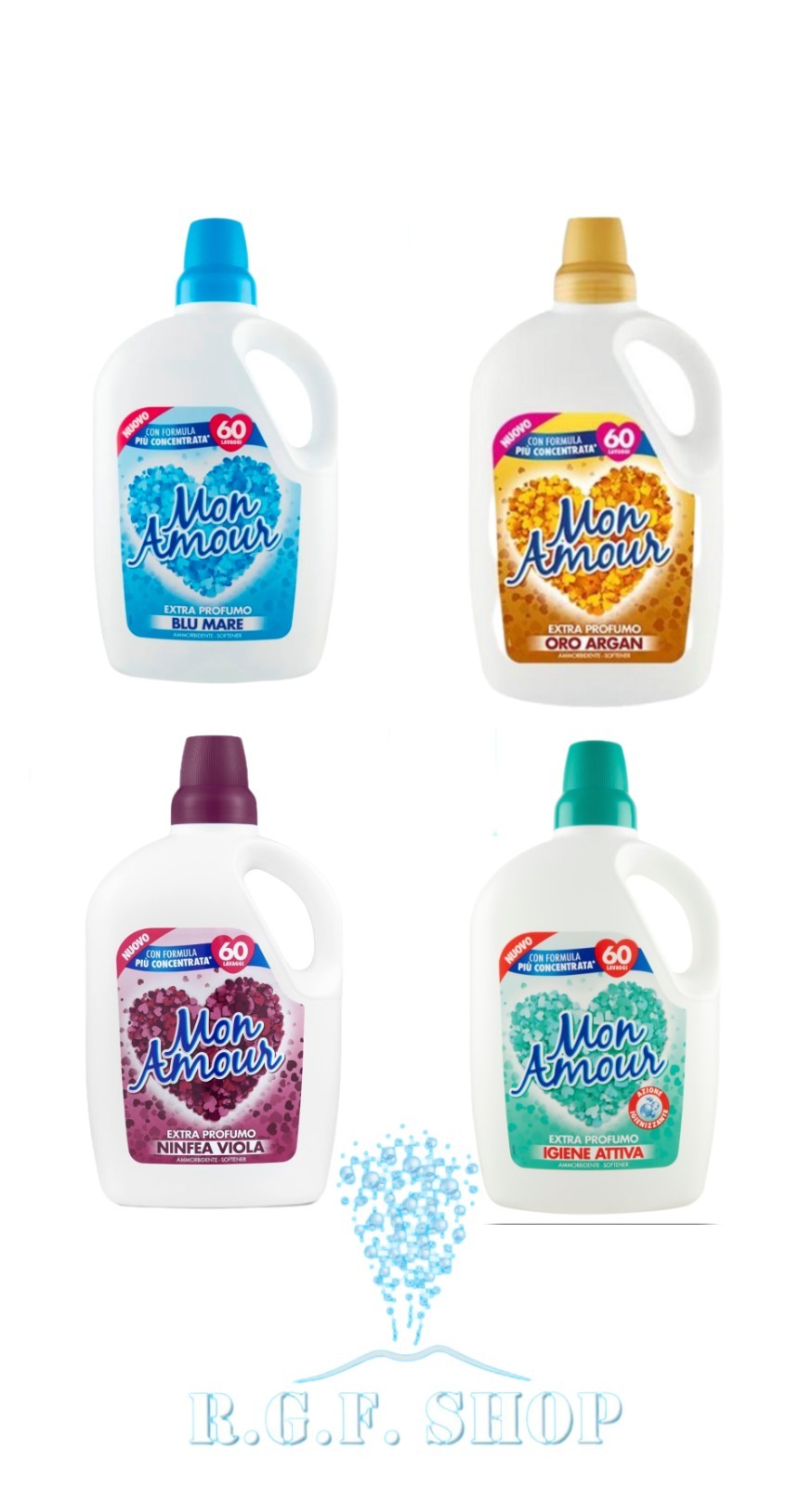 4× Mon Amour Fabric Softener 3L – 60 Wash Loads – Mix Fragrance – Blu Mare / Oro Argan