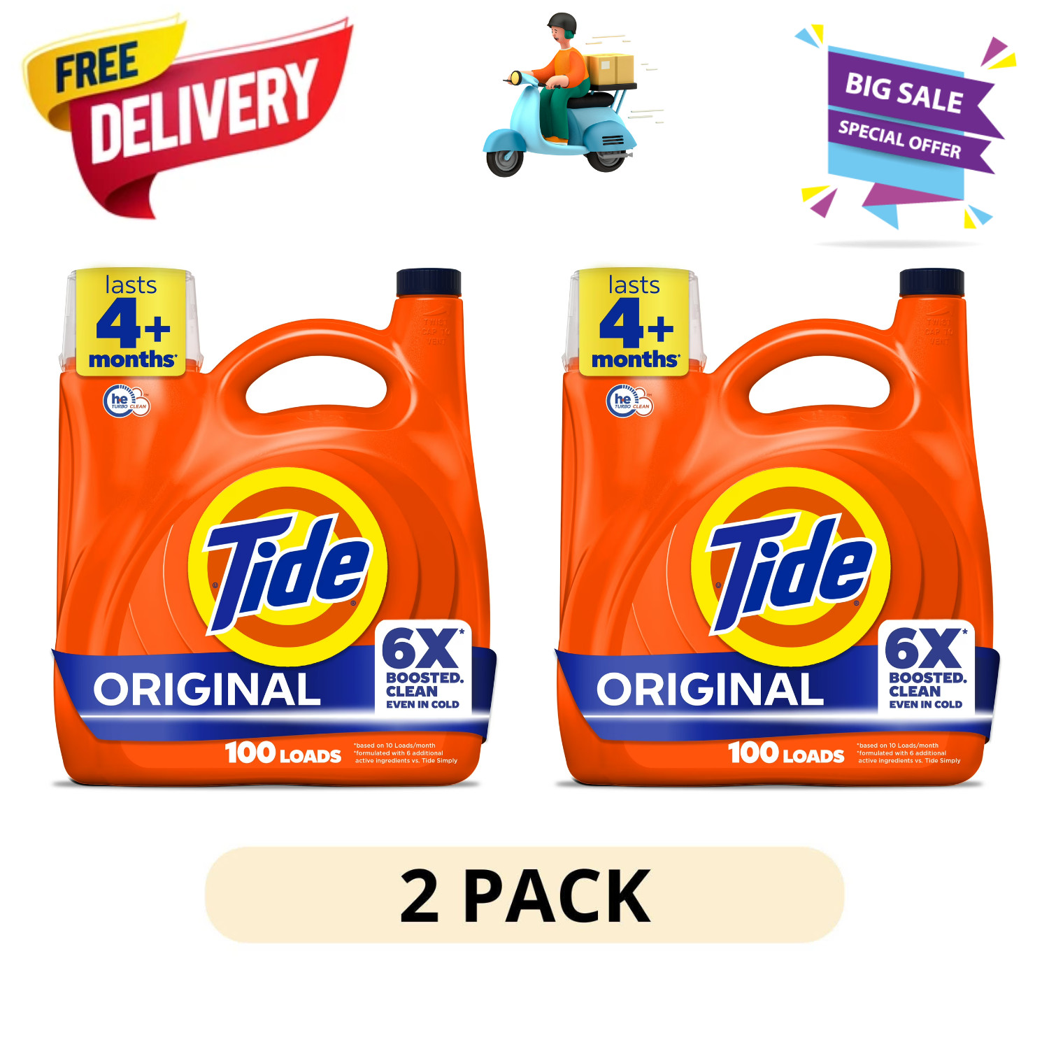 (2 Pack) Tide Laundry Detergent Liquid Original Scent 100 Loads 125 fl oz Bottle