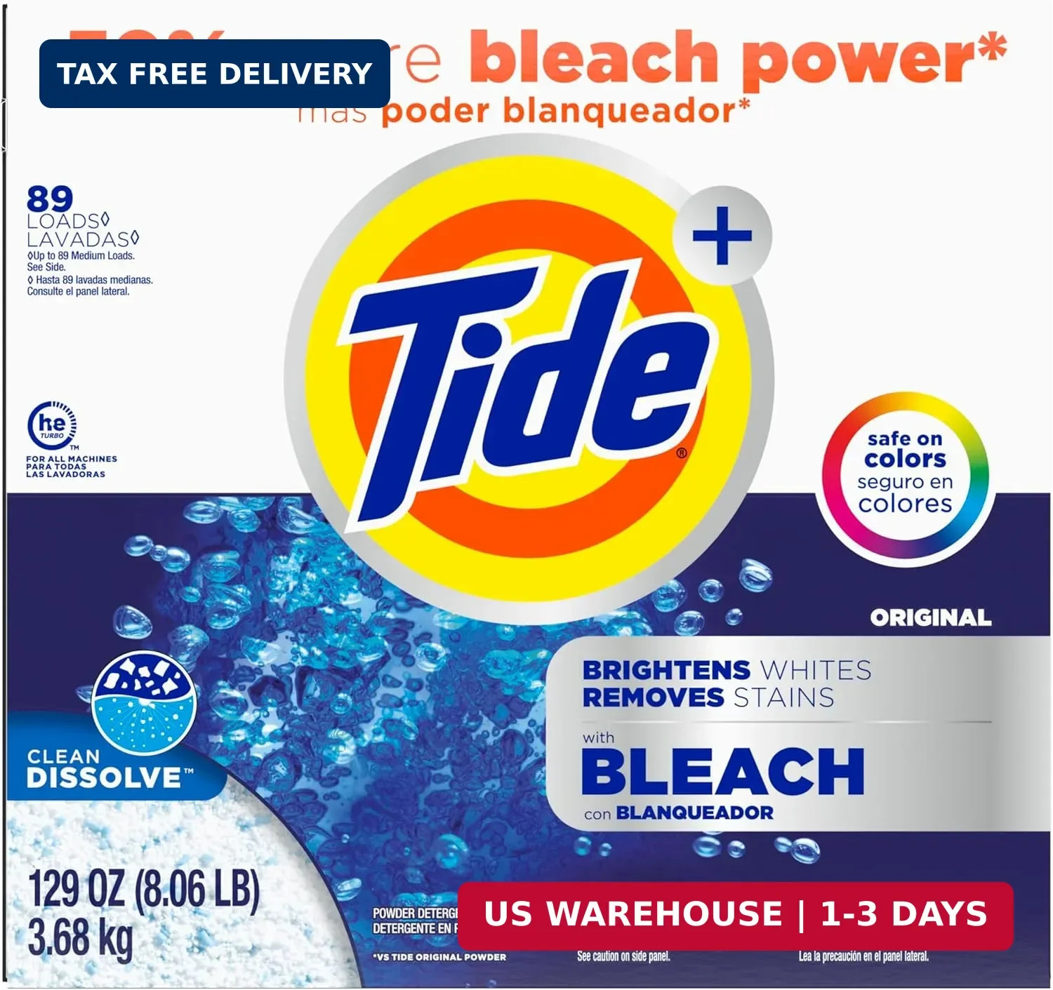 Tide Powder Laundry Detergent with Bleach, Original Scent, 89 Loads, 129 oz