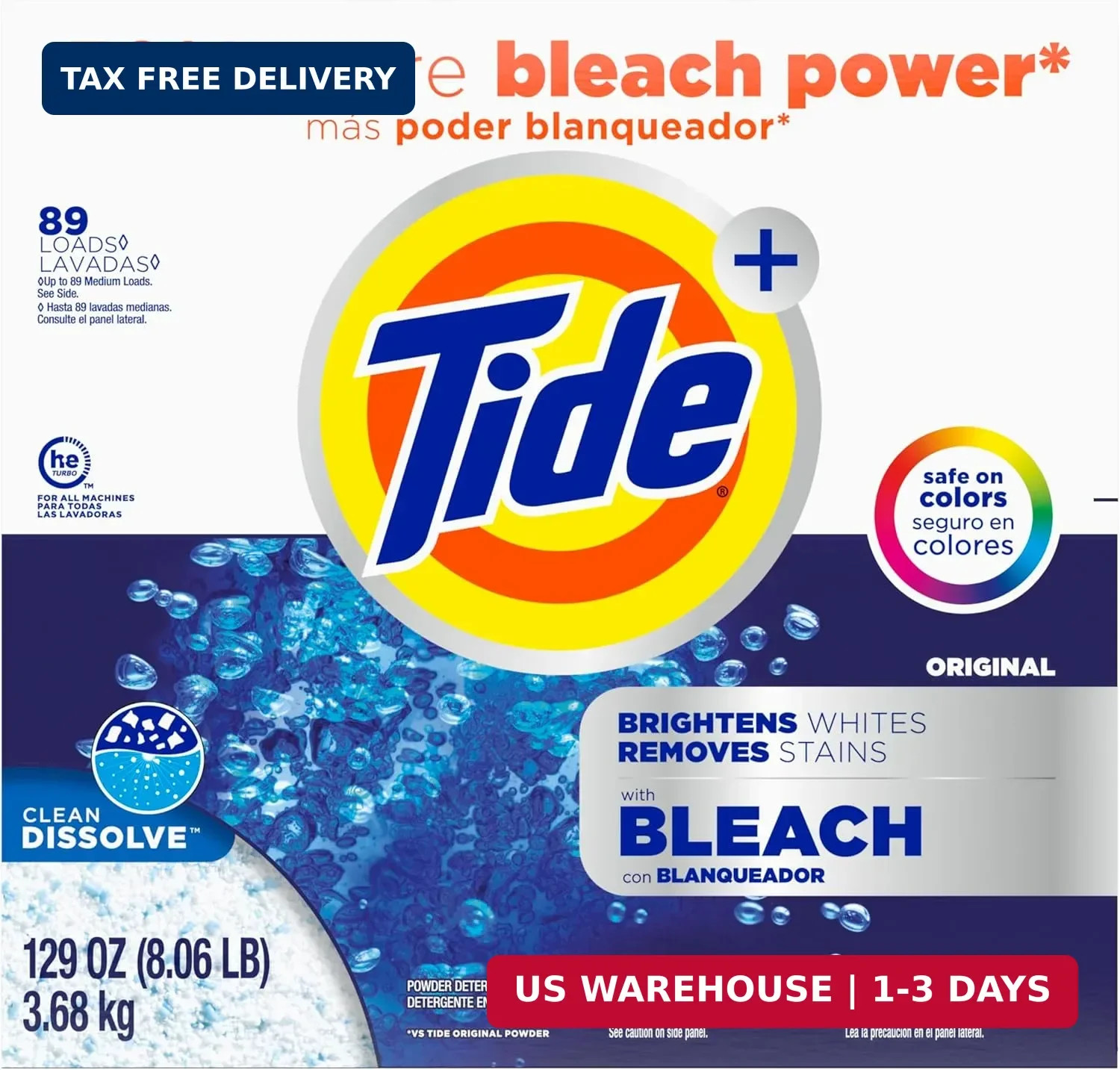 Tide Powder Laundry Detergent with Bleach, Original Scent, 89 Loads, 129 oz