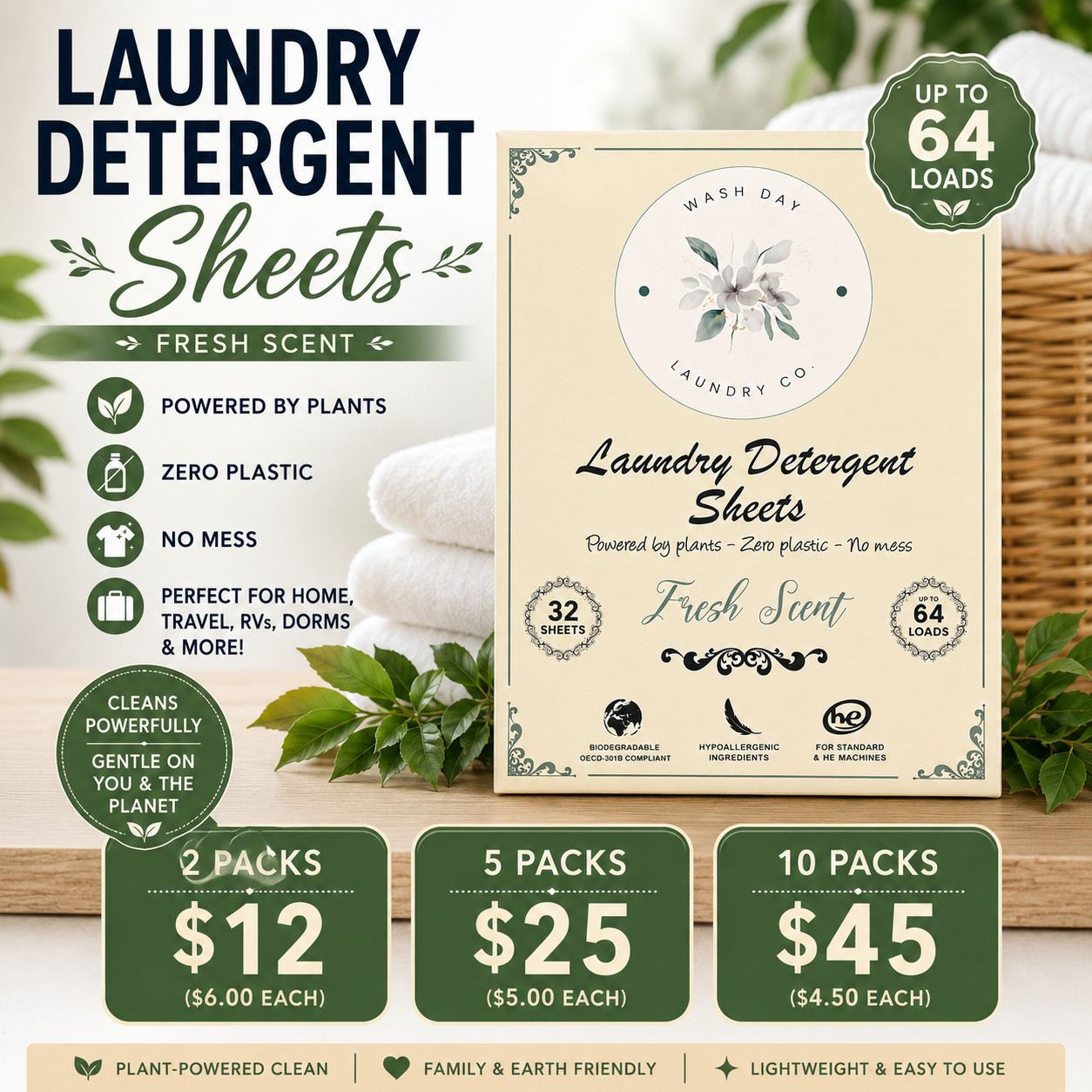 Wash Day Laundry Detergent Sheets Fresh Scent 64 Loads Choose 2, 5 or 10 Packs