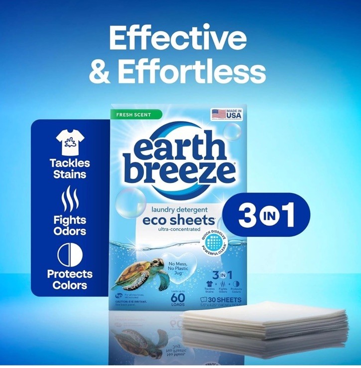 Earth Breeze Laundry Detergent Sheets Fresh Scent – 60 Loads Eco Liquidless 30Ct