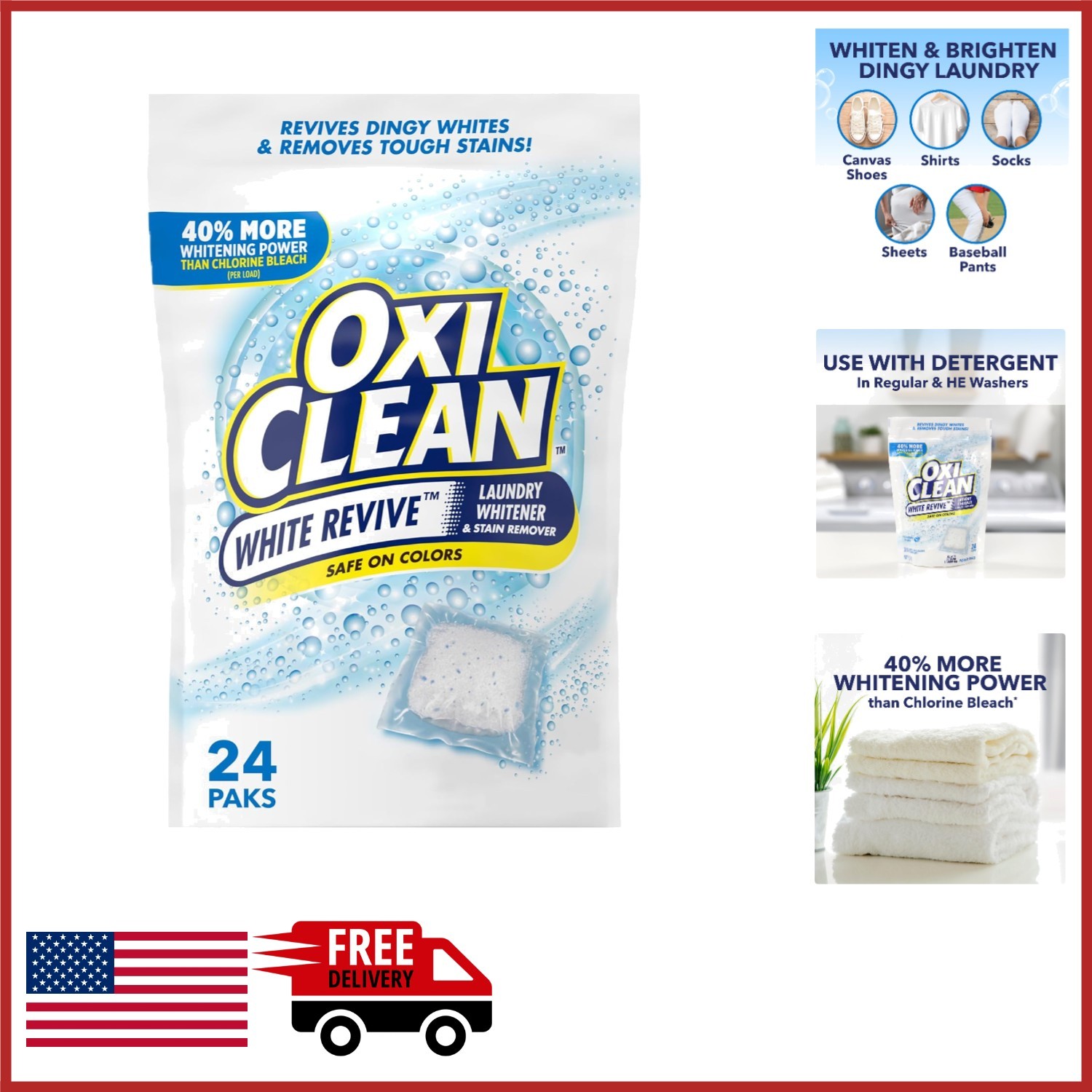 24 Count Laundry Whitener Power Paks Stain Remover for Color Safe Cleaning