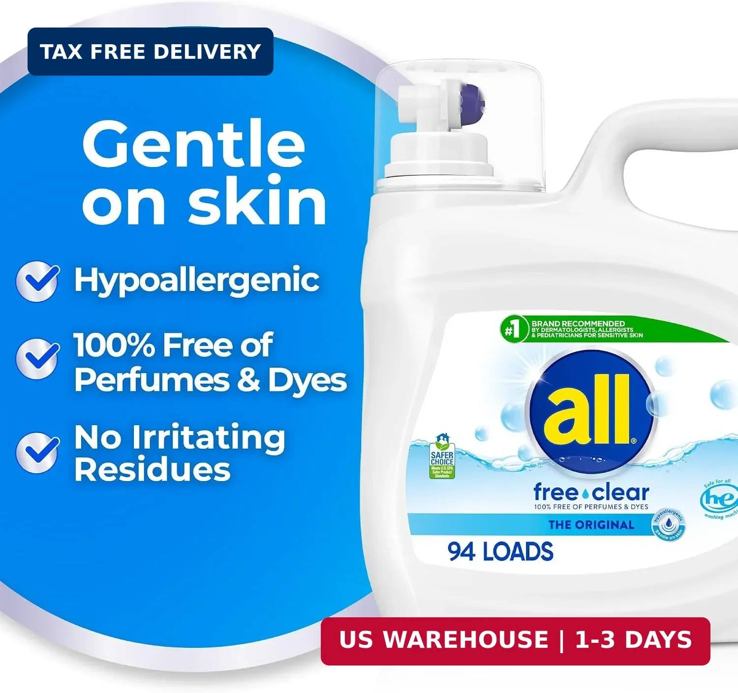 all Liquid Laundry Detergent Free Clear, 118 Ounce, 94 Loads | Controls static c