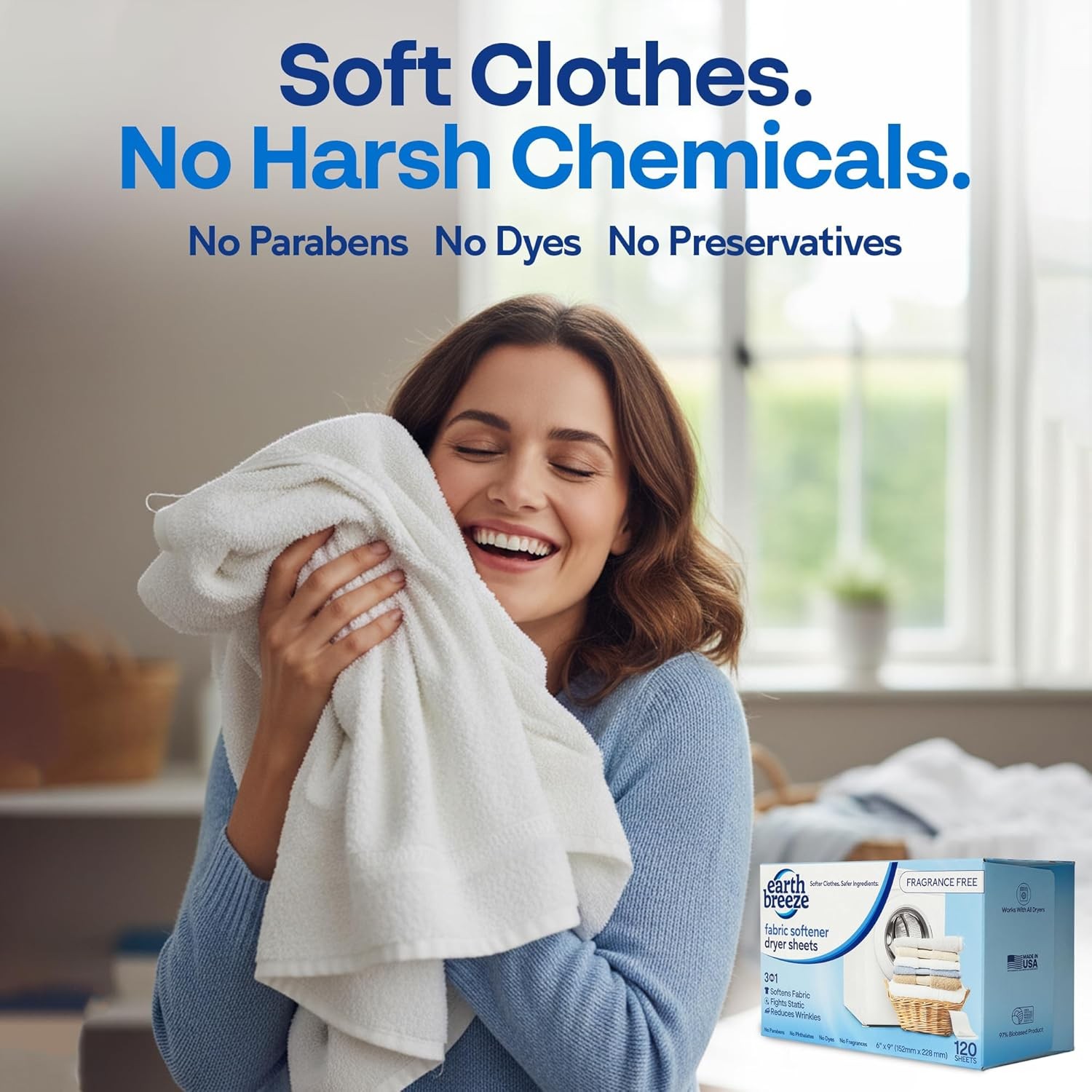 Earth Breeze Fabric Softener Dryer Sheets – Fragrance Free, Hypoallergenic, No H