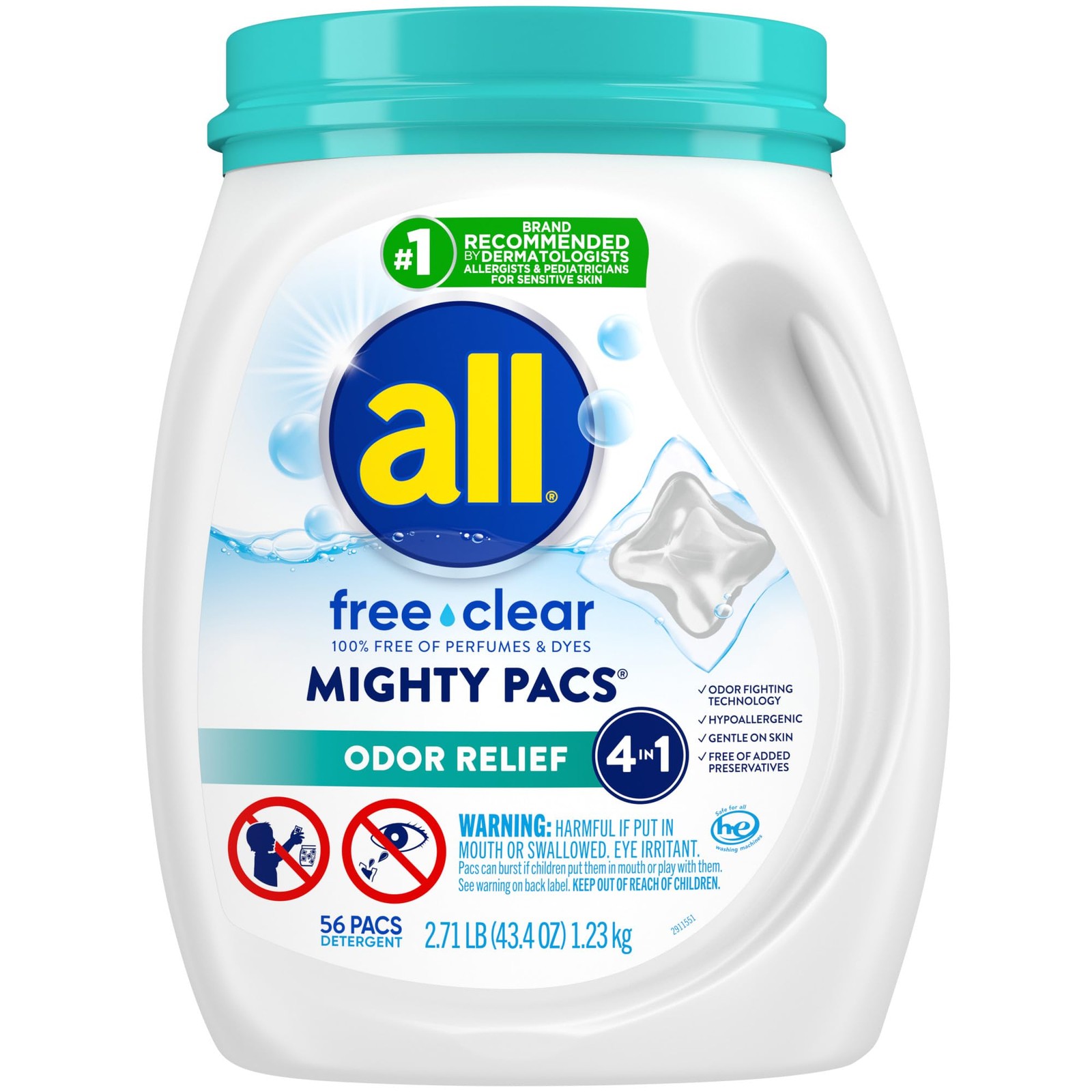 all free clear MIGHTY PACS Odor Relief, Laundry Detergent Pacs, 56 Count, Uns…