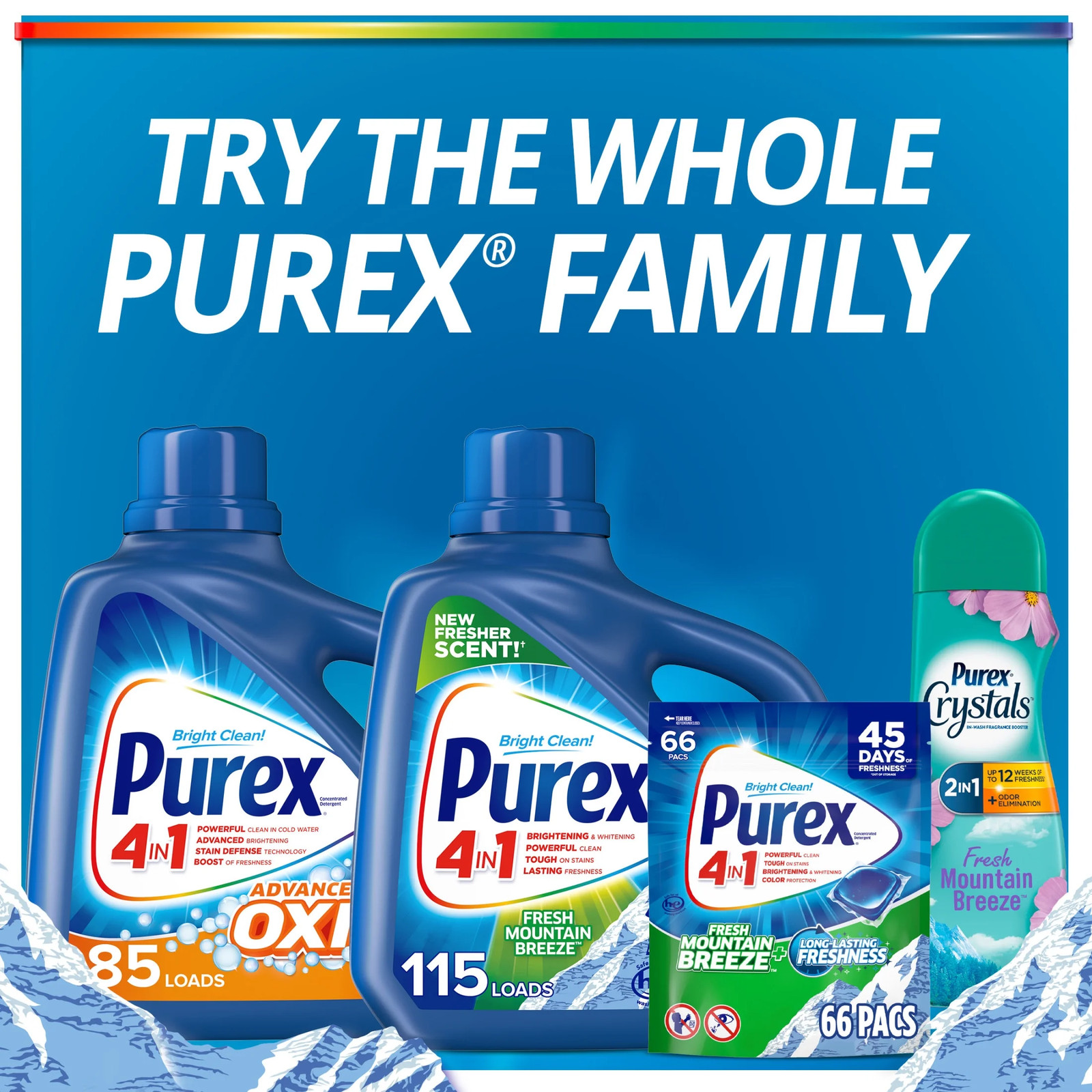 4 pack) Laundry Detergent Pacs, Fresh Mountain Breeze, 66 count