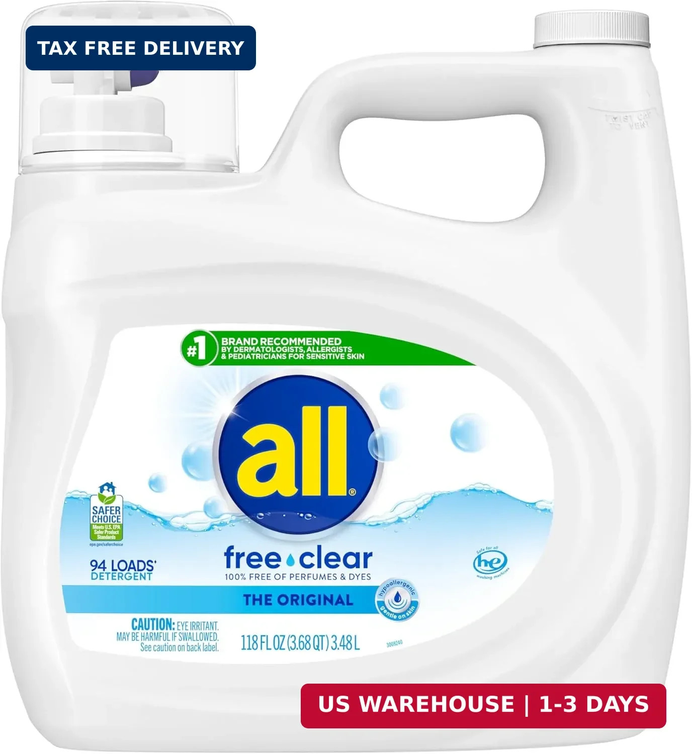 all Liquid Laundry Detergent Free Clear, 118 Ounce, 94 Loads | Controls static c