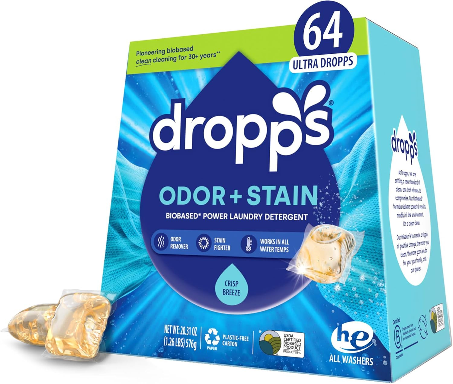 Odor & Stain Biobased Power Laundry Detergent Pods, Crisp Breeze (64 Pods) – HE
