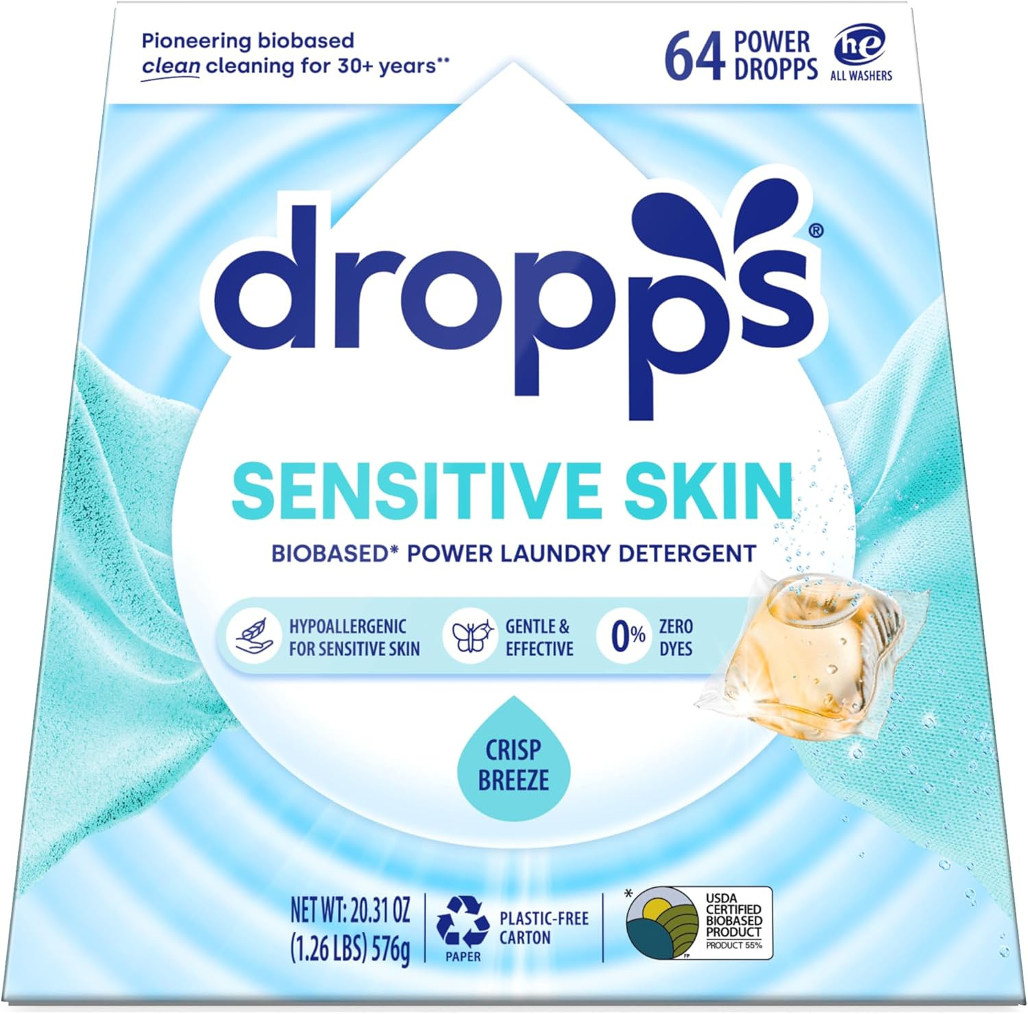 Sensitive Skin Laundry Detergent Pods, Crisp Breeze (64 Count) – Dermatologist T