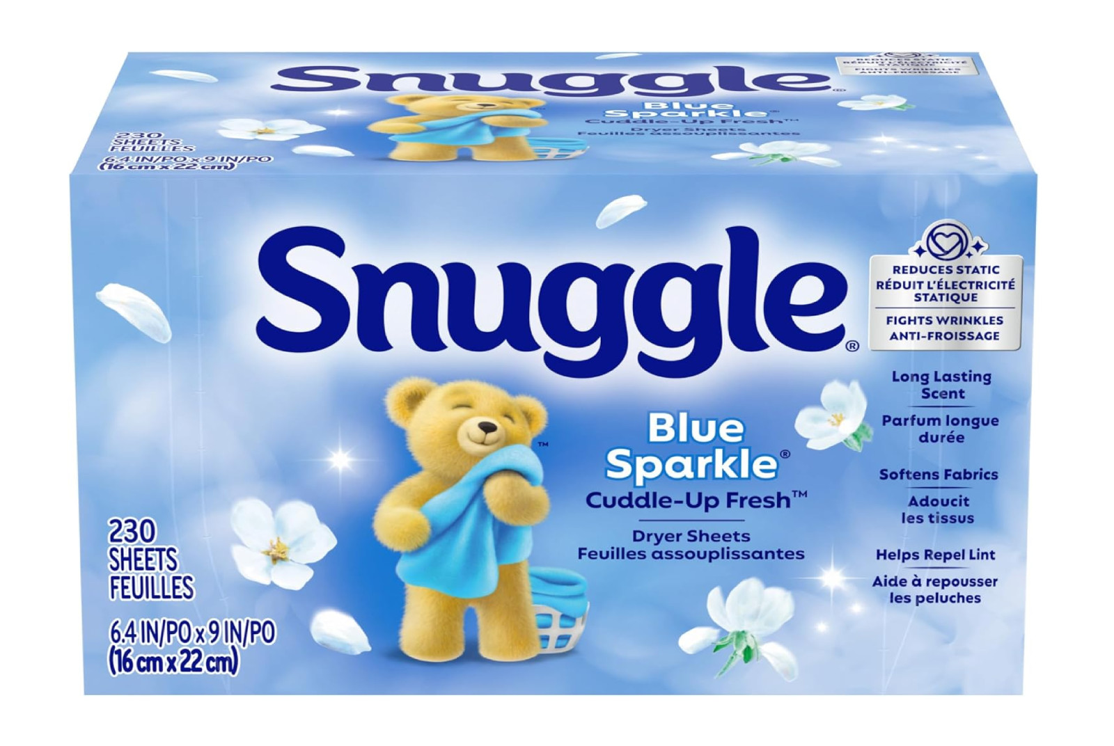 Snuggle Fabric Softener Dryer Sheets, Blue Sparkle Cuddle-Up Fresh, 230 Ct, Long