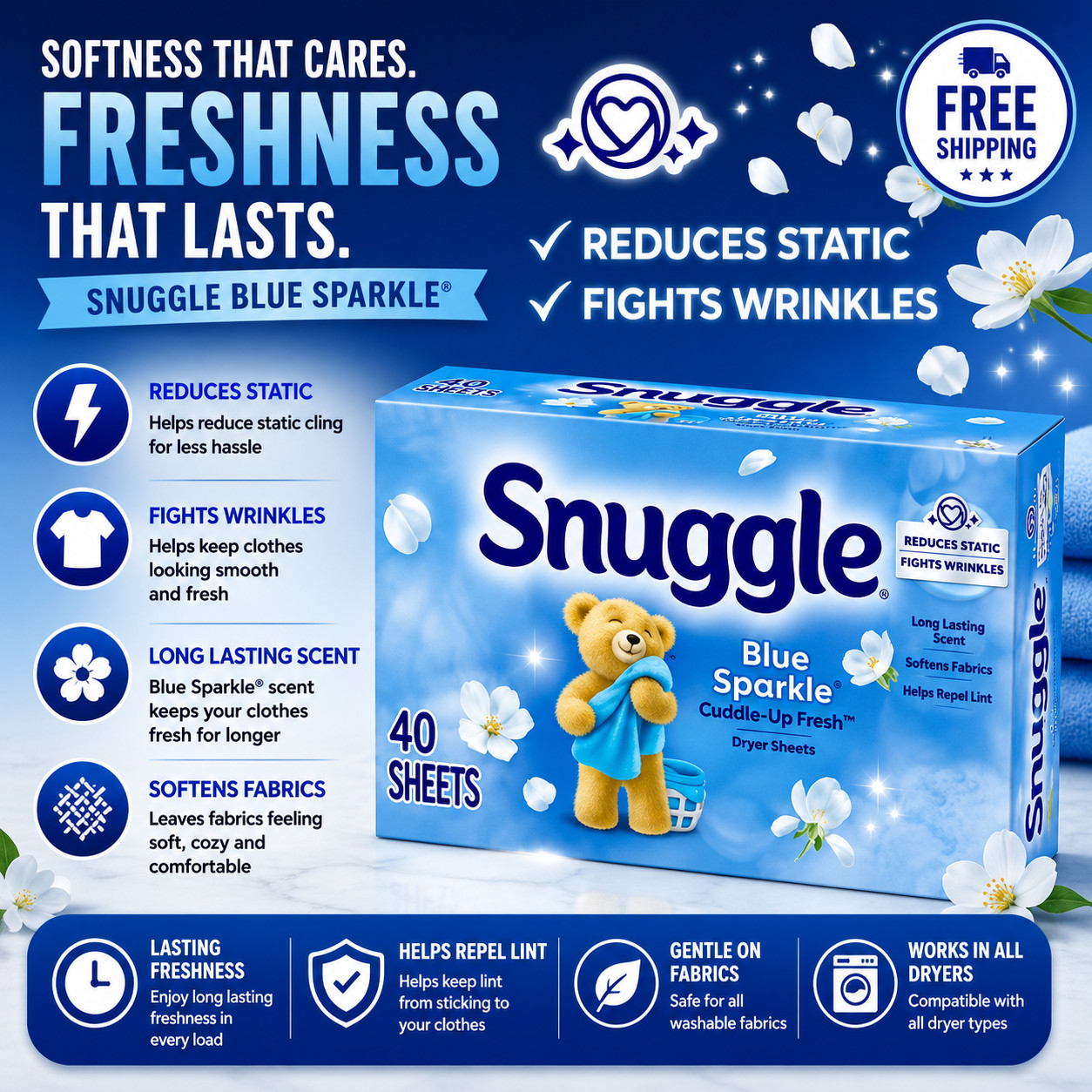 Snuggle Blue Sparkle Cuddle Up Fresh Dryer Sheets, 40 Count- Free Shipping