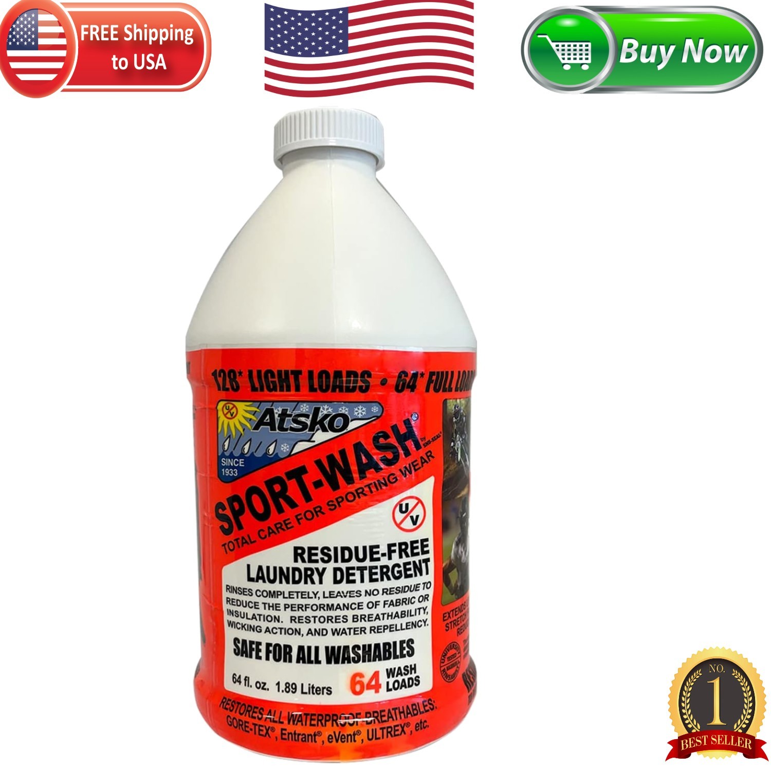 Sno-Seal Sport Wash – 64 Fl Oz Unscented Liquid Laundry Detergent, Biodegradable